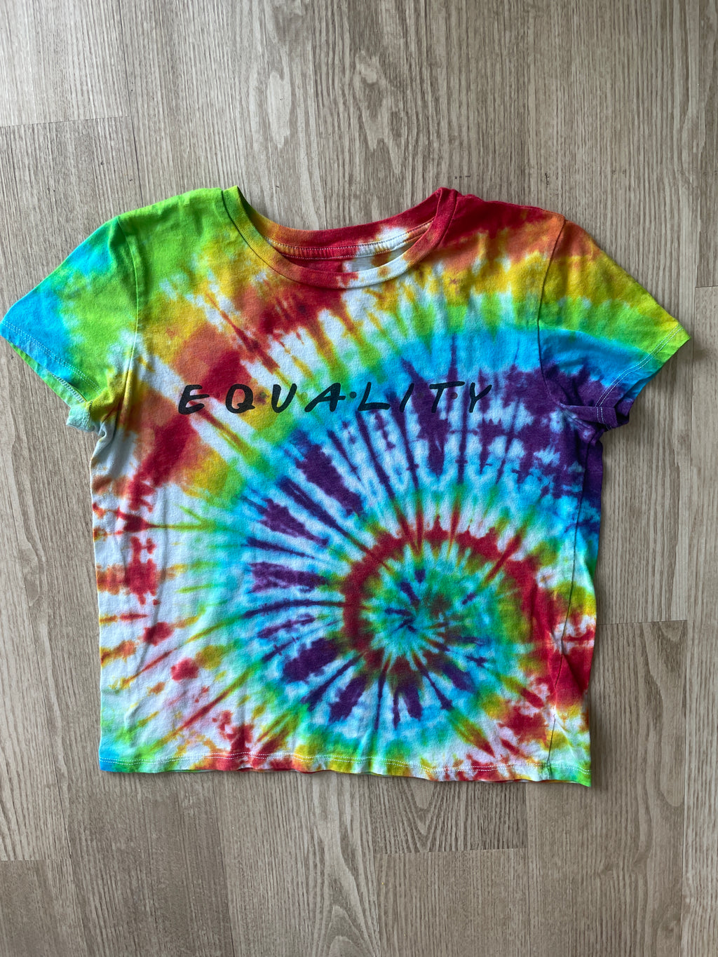 MEDIUM Women's Equality PRIDE Handmade Tie Dye T-Shirt | One-Of-a-Kind Rainbow Spiral Short Sleeve