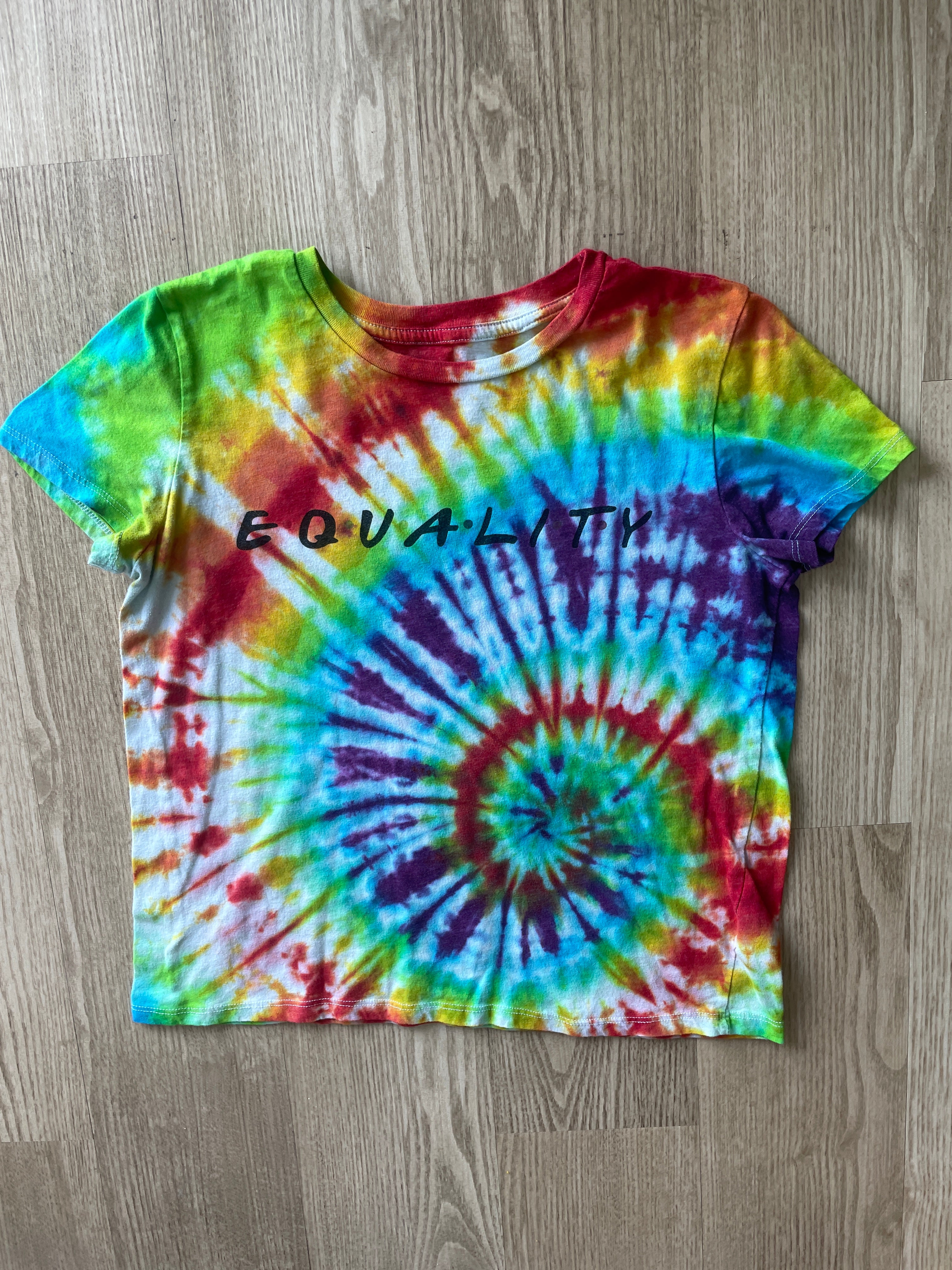 MEDIUM Women's Equality PRIDE Handmade Tie Dye T-Shirt | One-Of-a-Kind Rainbow Spiral Short Sleeve