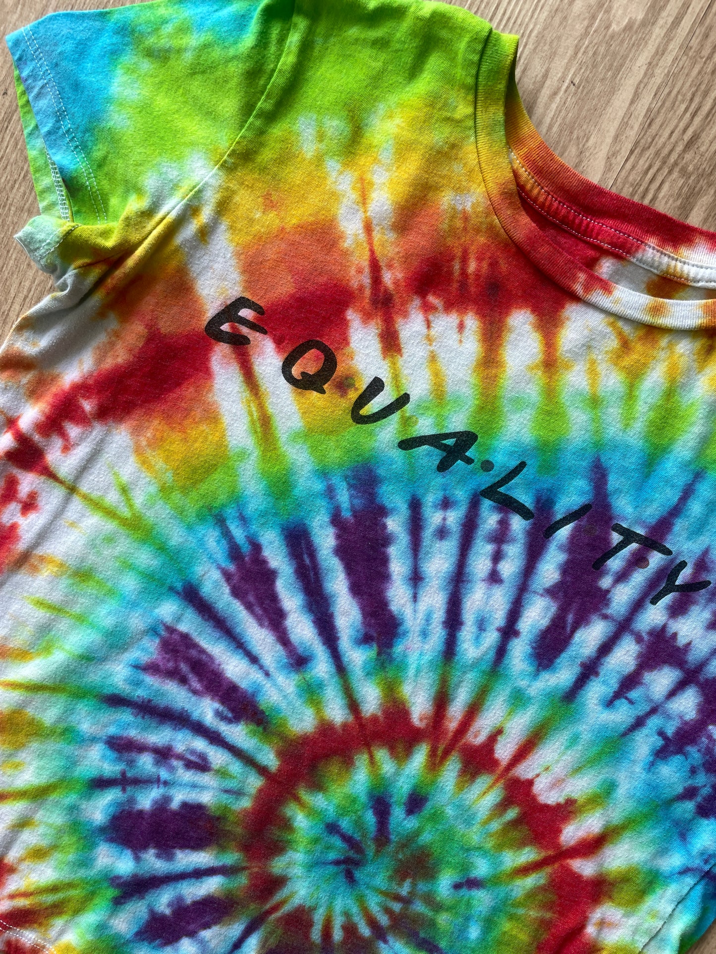 MEDIUM Women's Equality PRIDE Handmade Tie Dye T-Shirt | One-Of-a-Kind Rainbow Spiral Short Sleeve