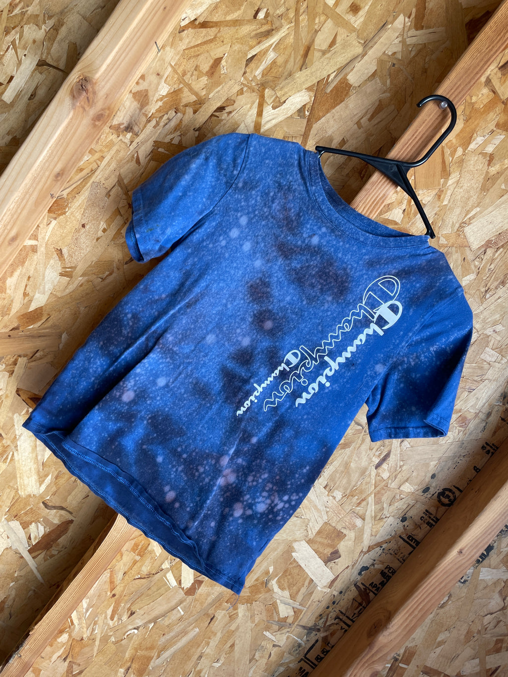 Large (14/16) Kids Champion Handmade Tie Dye T-Shirt | Blue, Black and Gray Marble Ice Tie Dye Short Sleeve