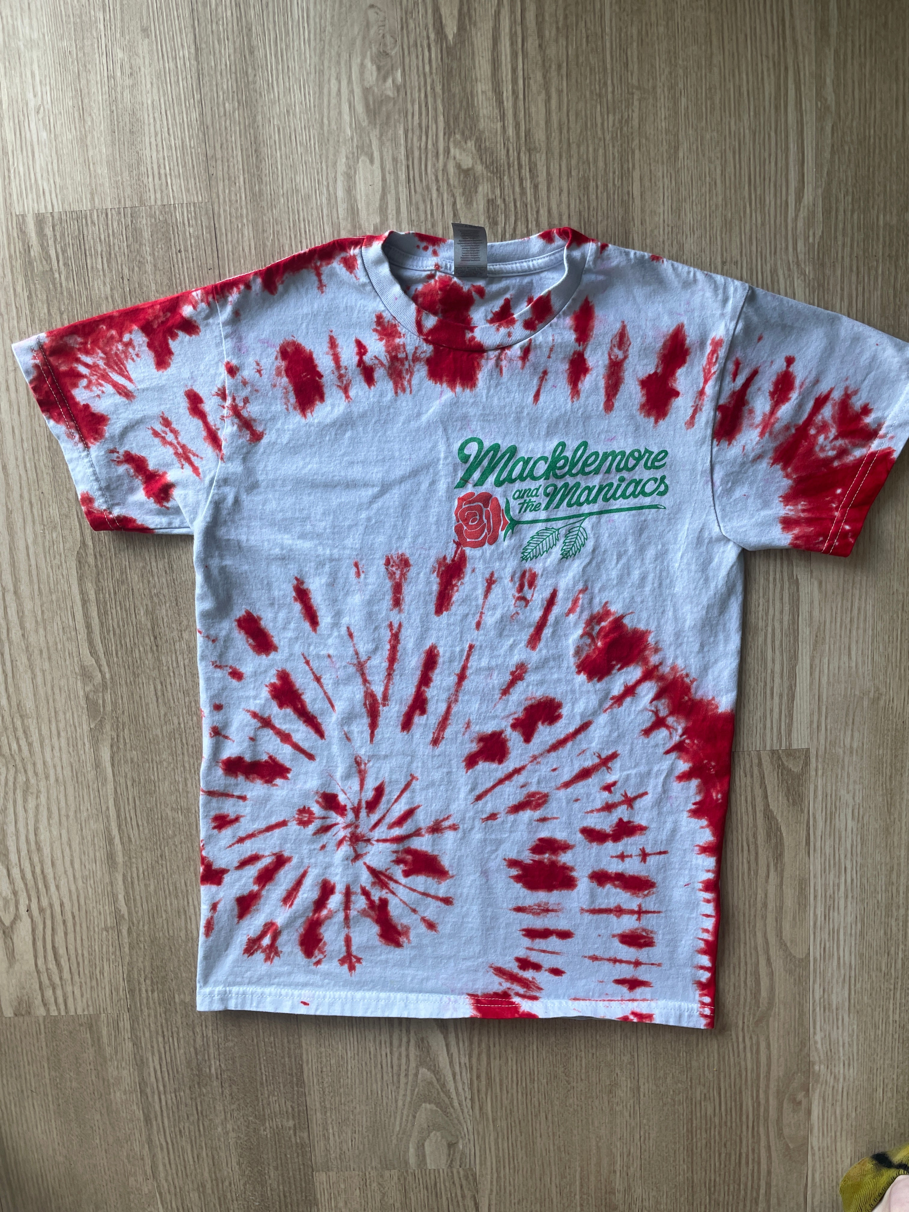 SMALL Men’s Macklemore & the Maniacs Handmade Tie Dye Tour T-Shirt | One-Of-a-Kind Red and White Short Sleeve