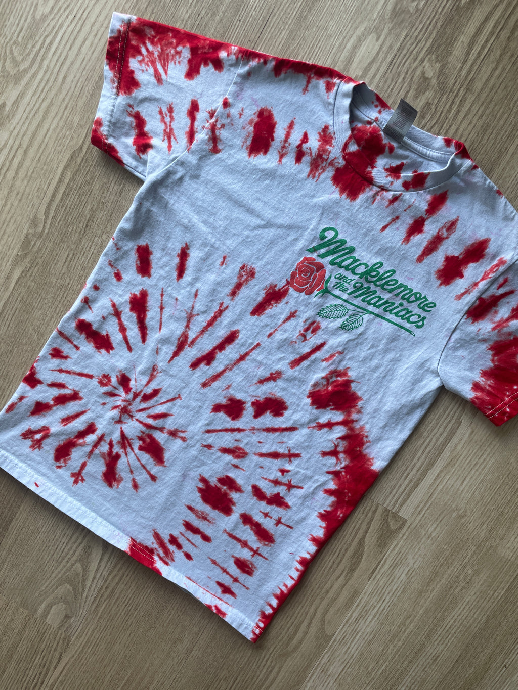 SMALL Men’s Macklemore & the Maniacs Handmade Tie Dye Tour T-Shirt | One-Of-a-Kind Red and White Short Sleeve