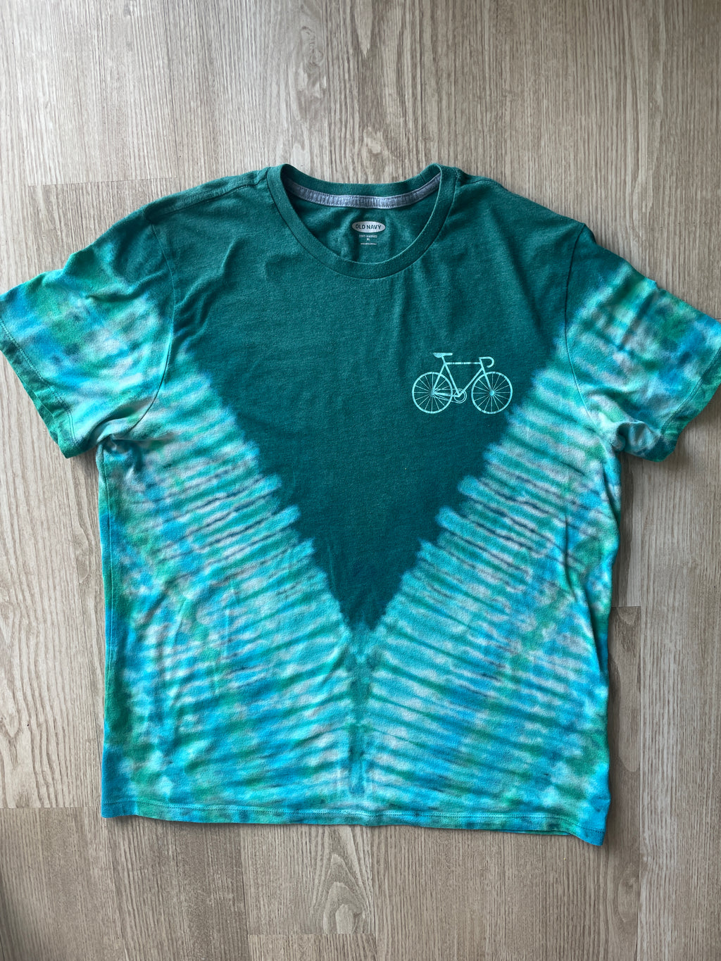 XL Men’s Bicycle Clean Energy Vehicle Handmade Reverse Tie Dye T-Shirt | One-Of-a-Kind Blue and Green Short Sleeve