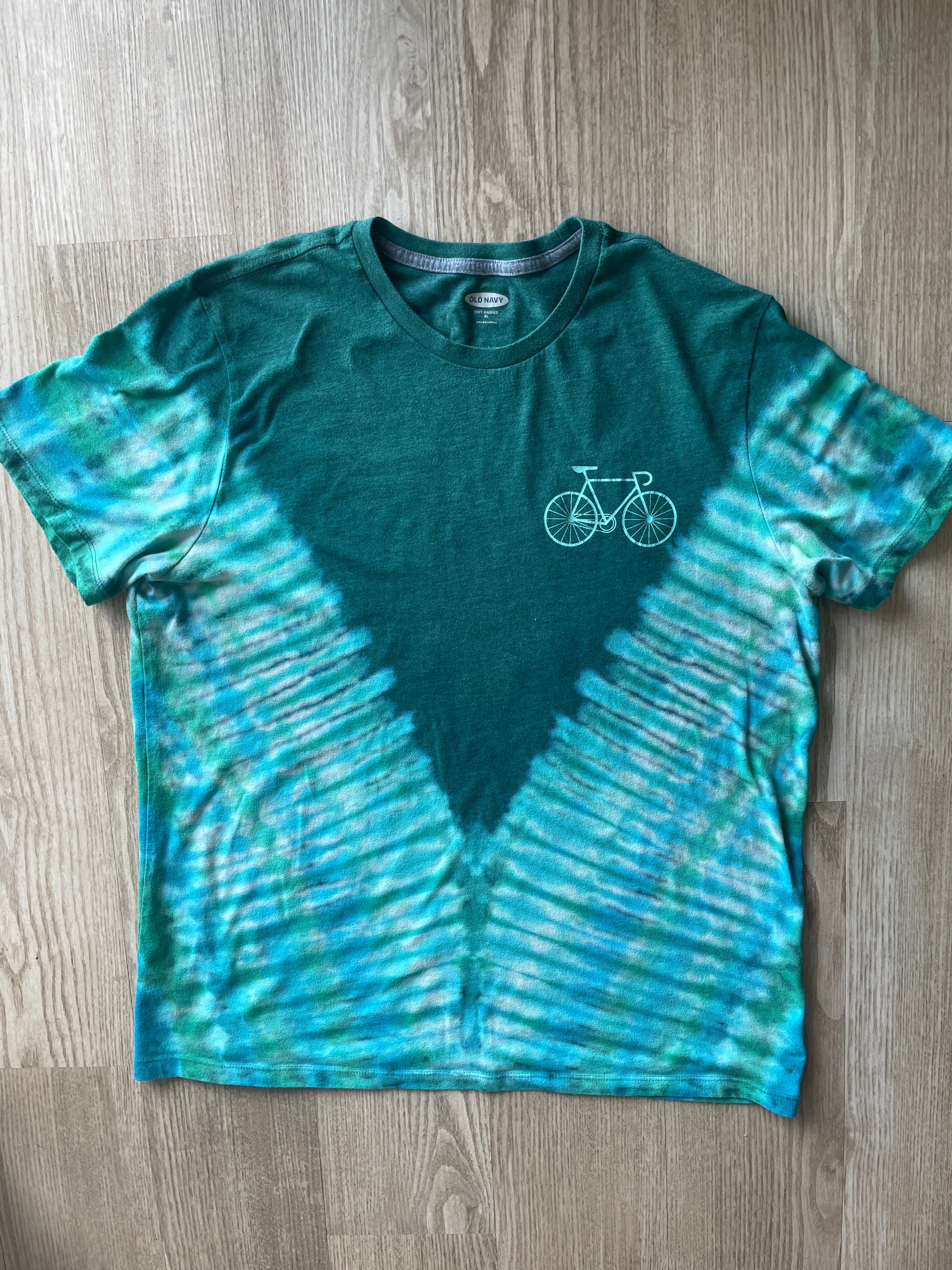 XL Men’s Bicycle Clean Energy Vehicle Handmade Reverse Tie Dye T-Shirt | One-Of-a-Kind Blue and Green Short Sleeve