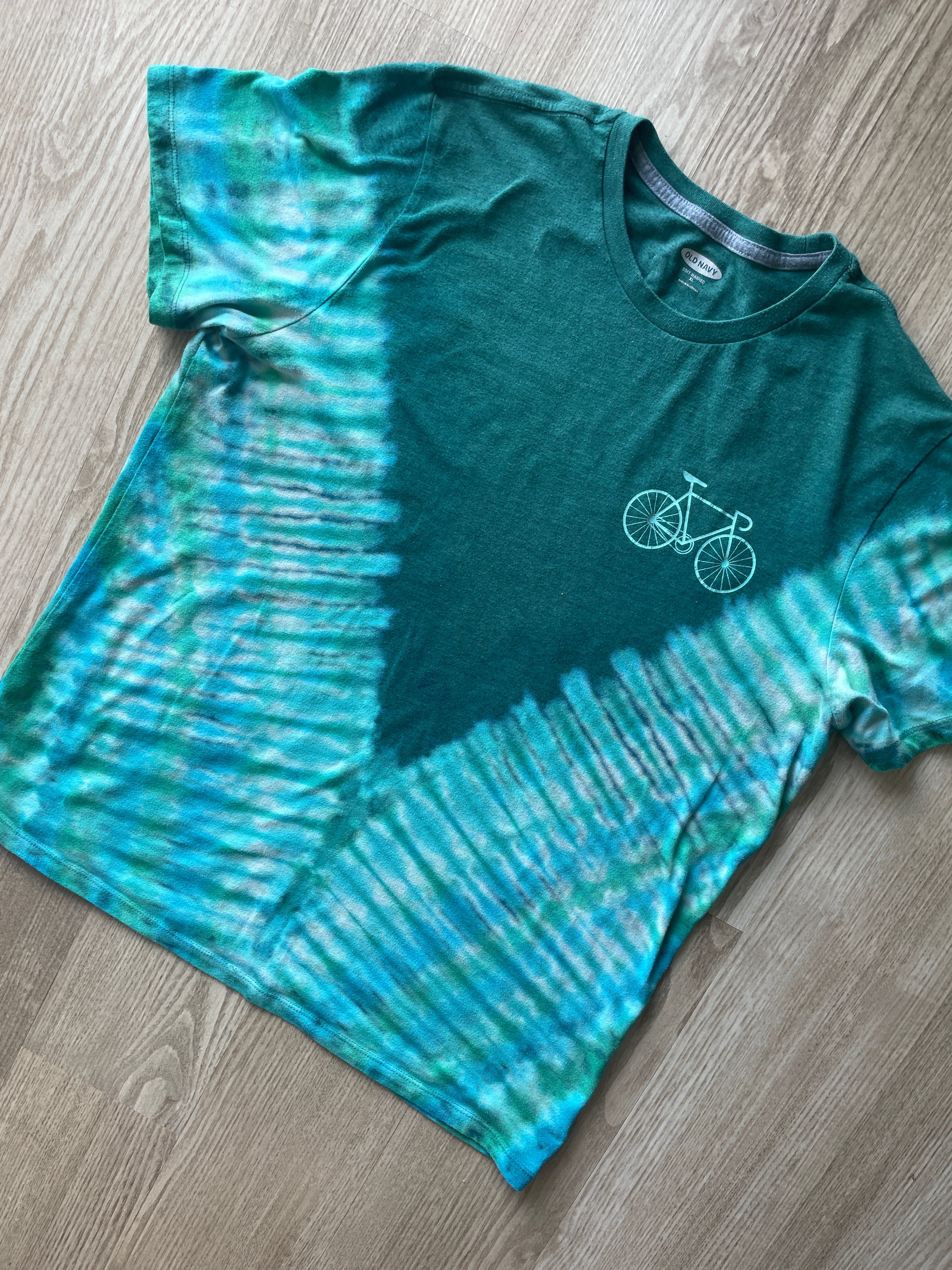XL Men’s Bicycle Clean Energy Vehicle Handmade Reverse Tie Dye T-Shirt | One-Of-a-Kind Blue and Green Short Sleeve