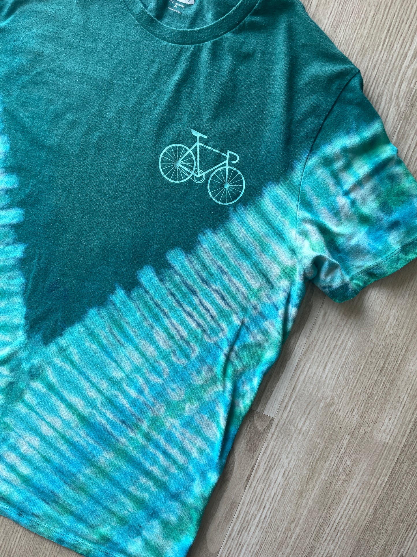 XL Men’s Bicycle Clean Energy Vehicle Handmade Reverse Tie Dye T-Shirt | One-Of-a-Kind Blue and Green Short Sleeve