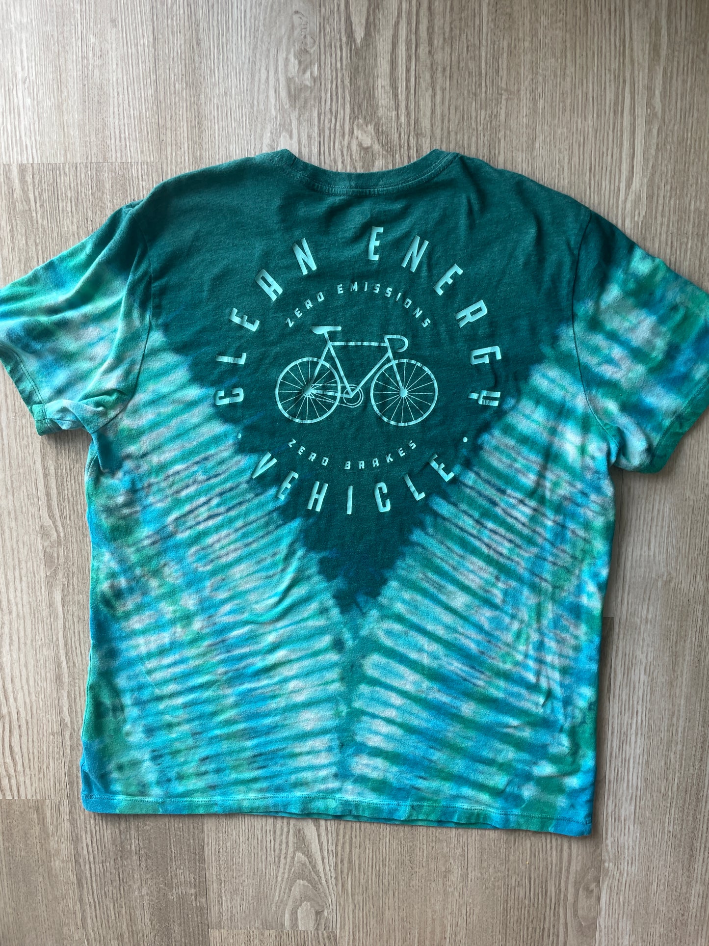 XL Men’s Bicycle Clean Energy Vehicle Handmade Reverse Tie Dye T-Shirt | One-Of-a-Kind Blue and Green Short Sleeve