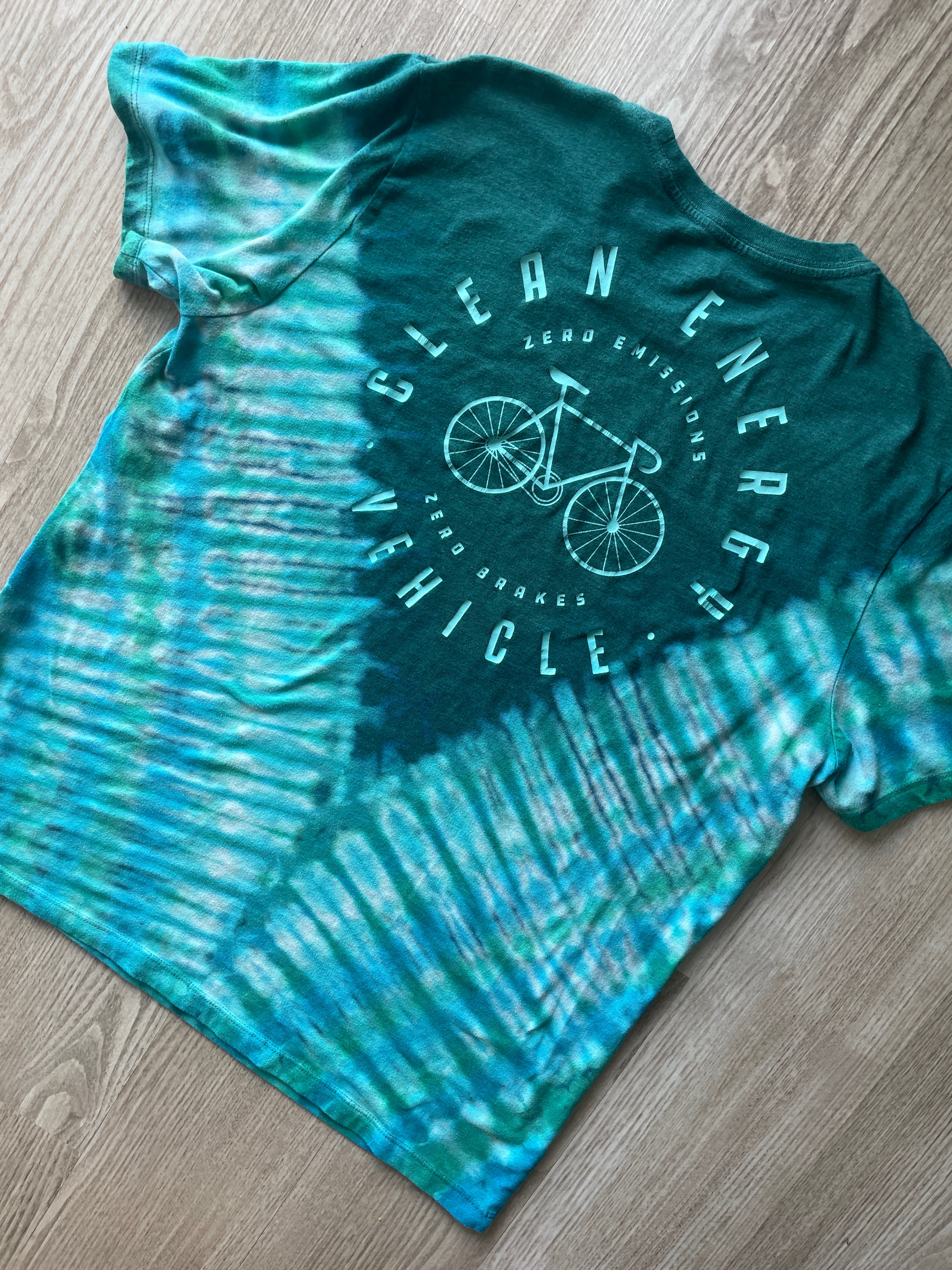 XL Men’s Bicycle Clean Energy Vehicle Handmade Reverse Tie Dye T-Shirt | One-Of-a-Kind Blue and Green Short Sleeve