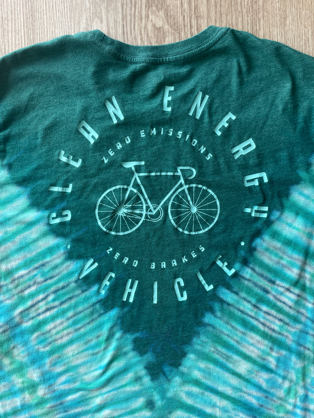 XL Men’s Bicycle Clean Energy Vehicle Handmade Reverse Tie Dye T-Shirt | One-Of-a-Kind Blue and Green Short Sleeve