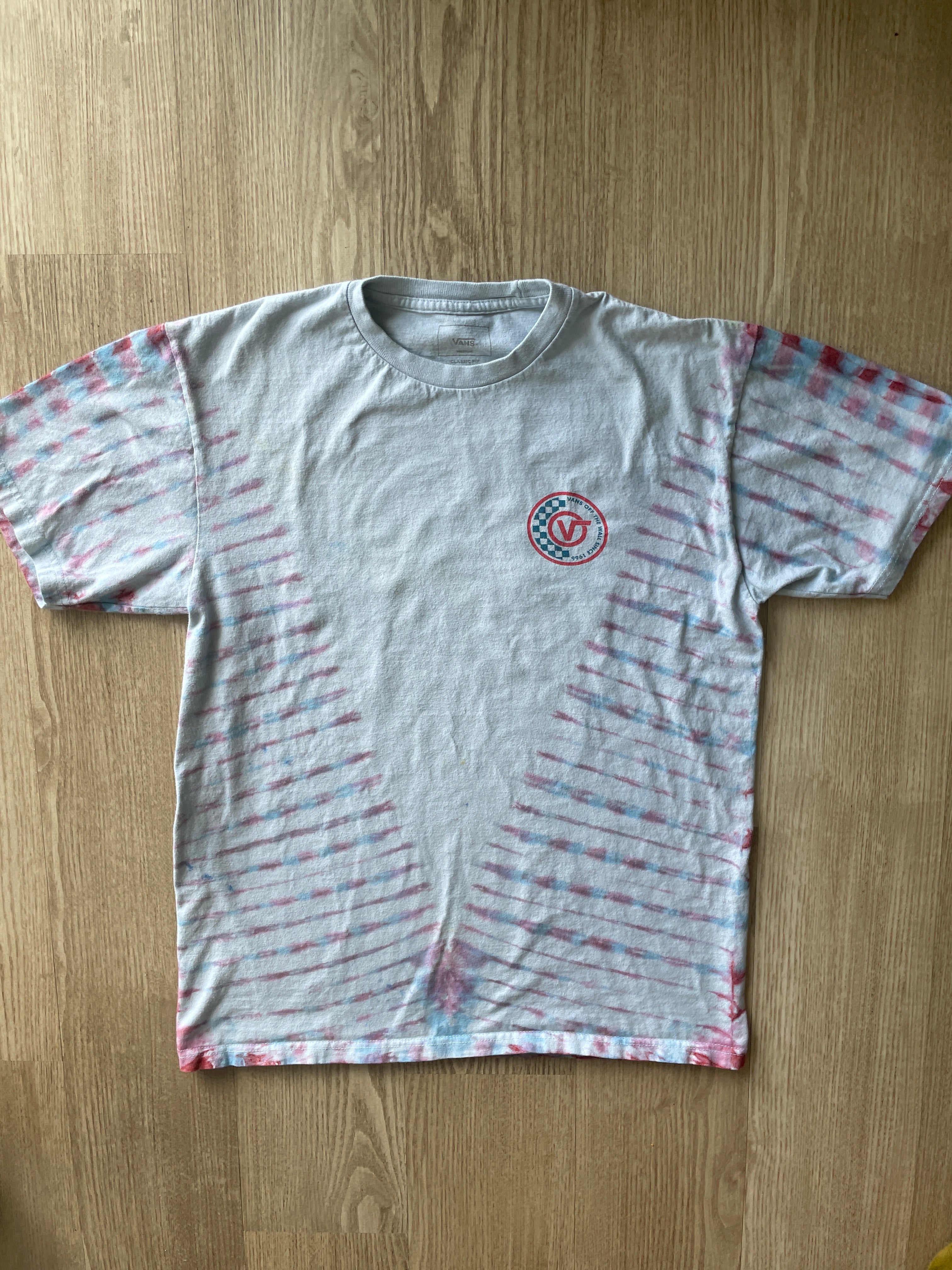 MEDIUM Men’s Van's Off the Wall Doublesided Handmade Tie Dye T-Shirt | One-Of-a-Kind Pastel Pink and Blue Short Sleeve
