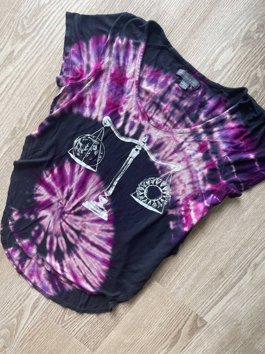 MEDIUM Women’s Libra The Scales Handmade Reverse Tie Dye Flowy Tee | One-Of-a-Kind Black and Purple Side Slit Short Sleeve T-Shirt
