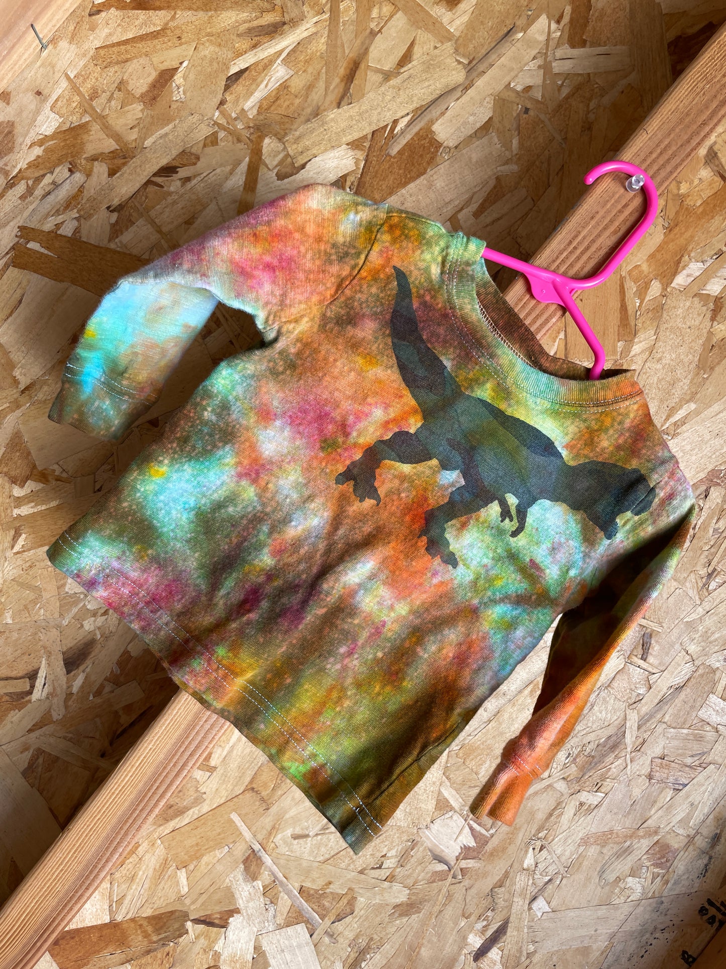 Size 2 Toddler Dinosaur Long Sleeve T-Shirt | Handmade Tie Dye Cotton Shirt | Galaxy Ice Dyed Toddler Tee