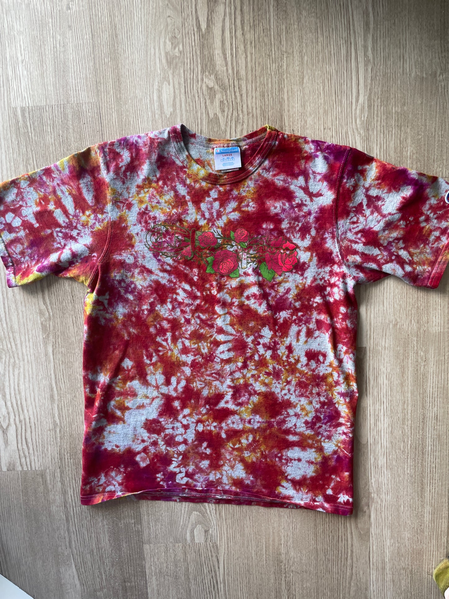 LARGE Men’s Champion Roses Handmade Tie Dye T-Shirt | One-Of-a-Kind Red and Grat Short Sleeve