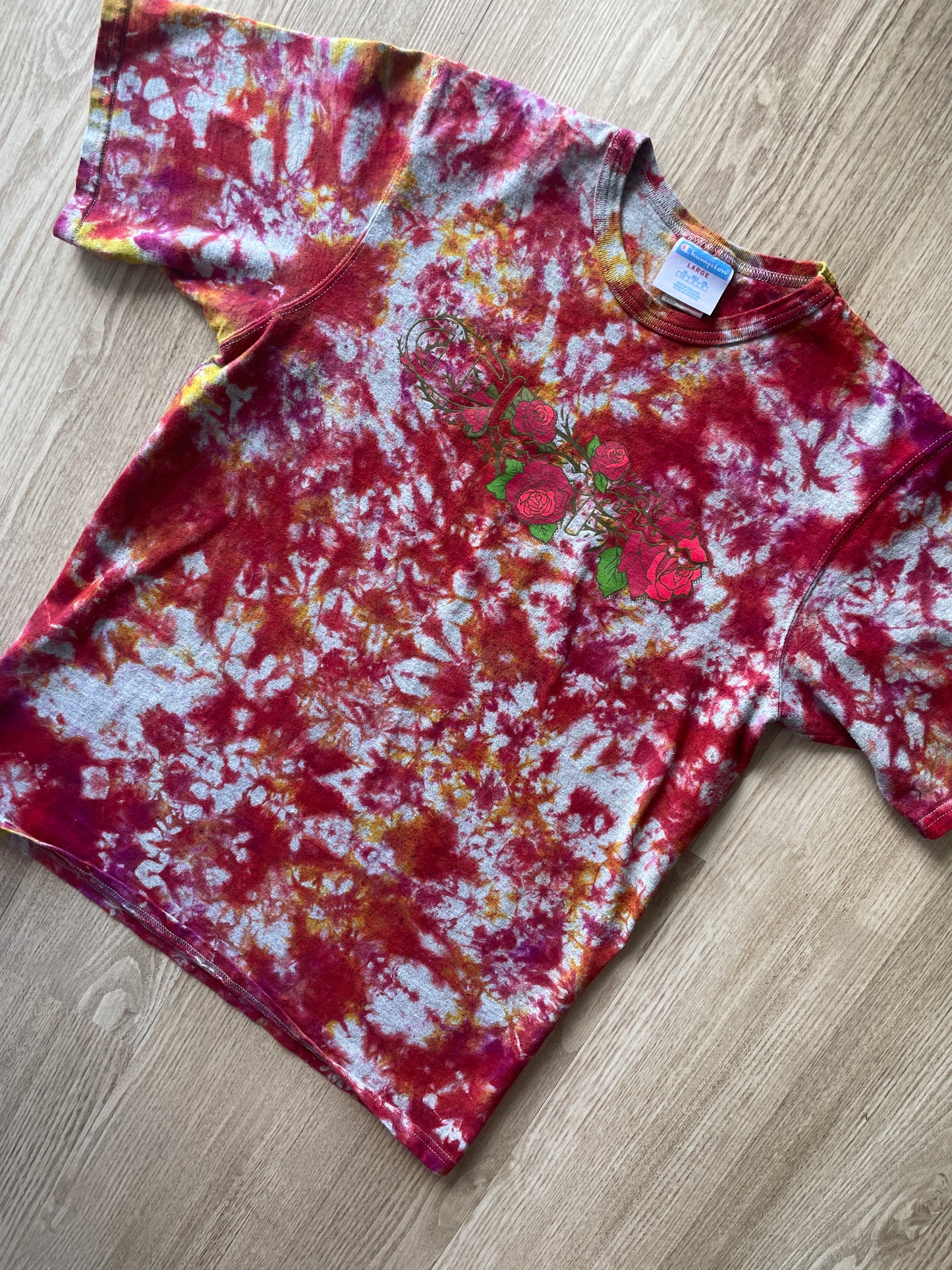 LARGE Men’s Champion Roses Handmade Tie Dye T-Shirt | One-Of-a-Kind Red and Grat Short Sleeve