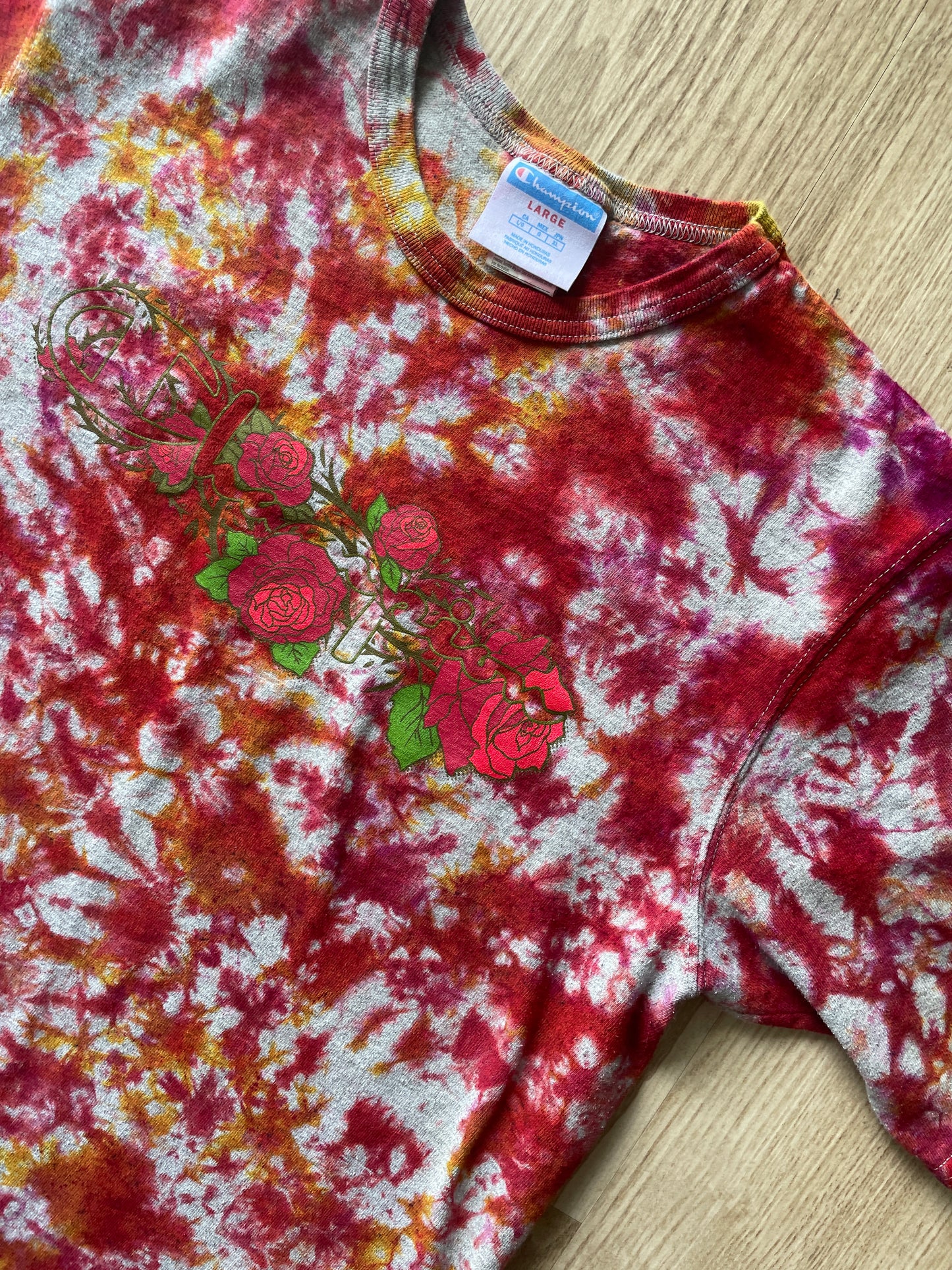 LARGE Men’s Champion Roses Handmade Tie Dye T-Shirt | One-Of-a-Kind Red and Grat Short Sleeve