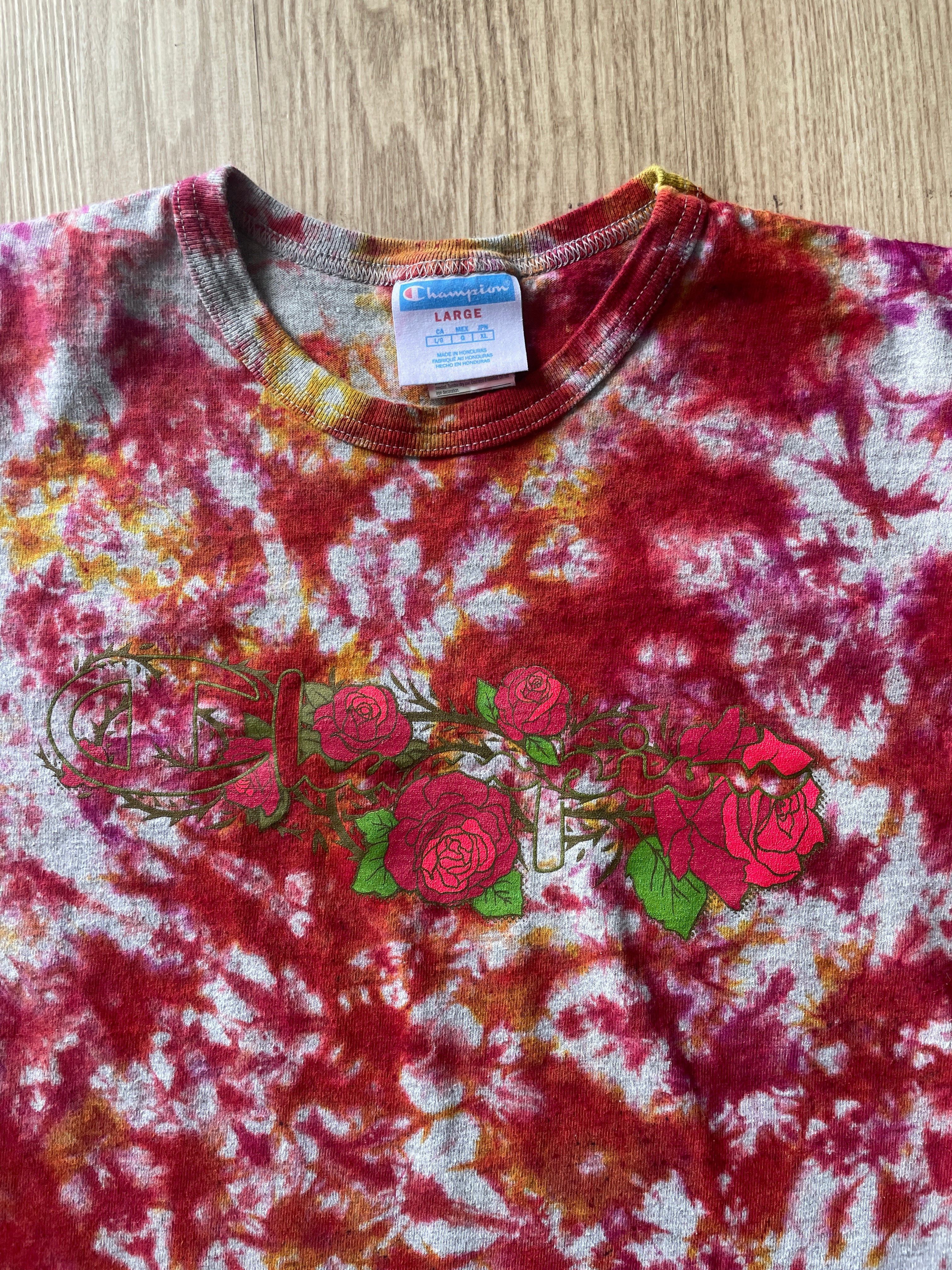 LARGE Men’s Champion Roses Handmade Tie Dye T-Shirt | One-Of-a-Kind Red and Grat Short Sleeve