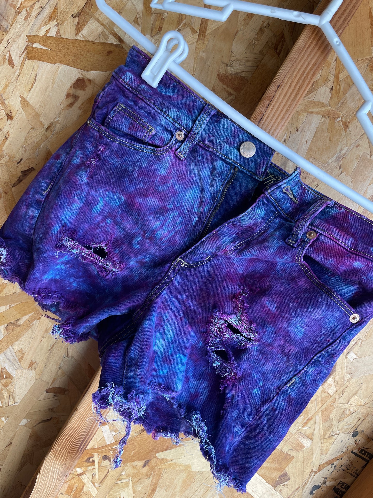Size 2 Women's Universal Threads Galaxy Dye Handmade Tie Dye Shorts | Blue and Purple Galaxy Ice Dye Tie Dye Shorts