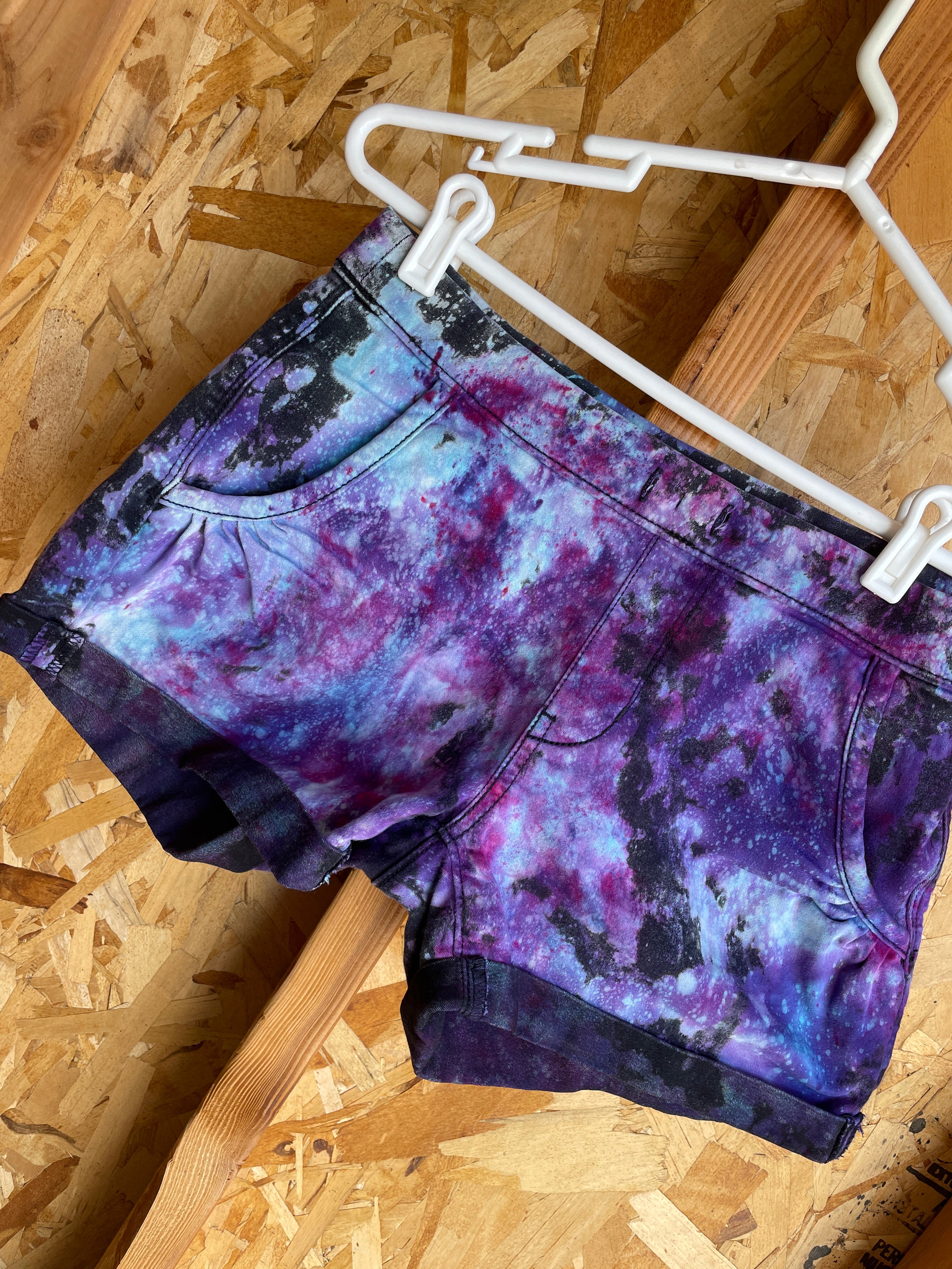 Size Small Women's Levi's Galaxy Dye Handmade Tie Dye Shorts | Black and Purple Galaxy Ice Dye Tie Dye Shorts