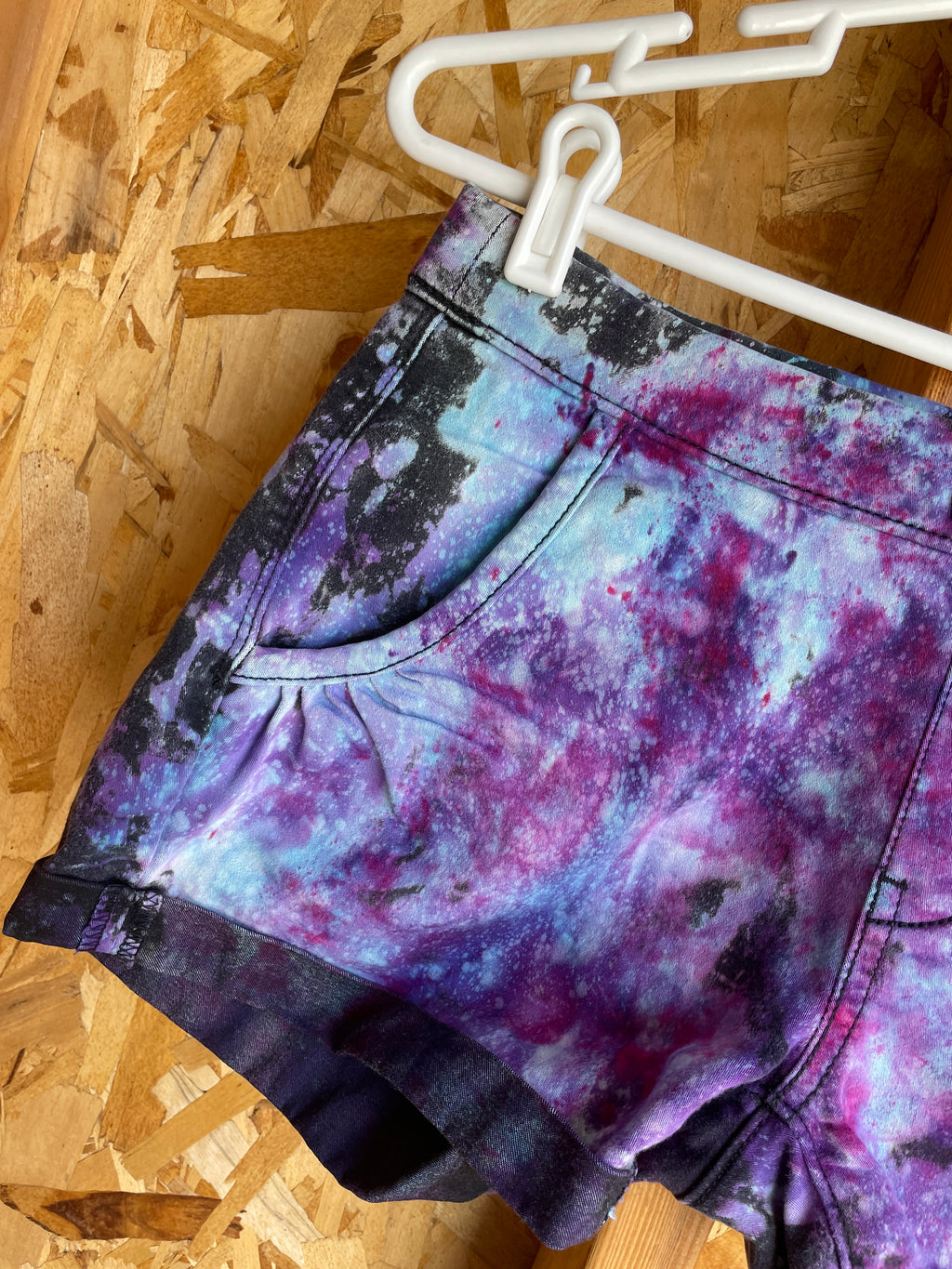 Size Small Women's Levi's Galaxy Dye Handmade Tie Dye Shorts | Black and Purple Galaxy Ice Dye Tie Dye Shorts