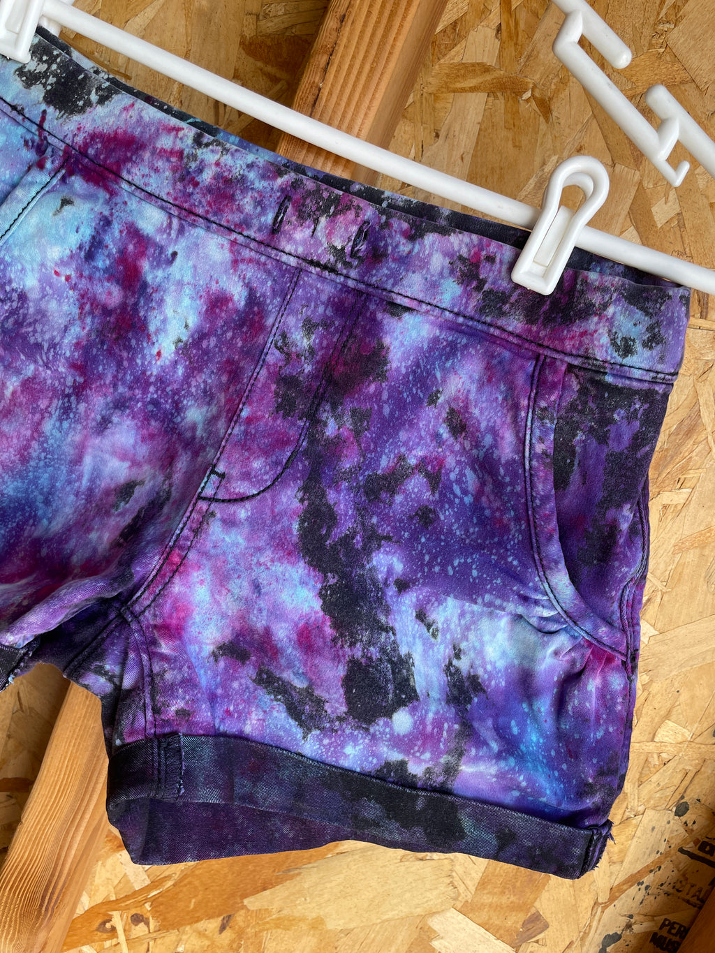 Size Small Women's Levi's Galaxy Dye Handmade Tie Dye Shorts | Black and Purple Galaxy Ice Dye Tie Dye Shorts
