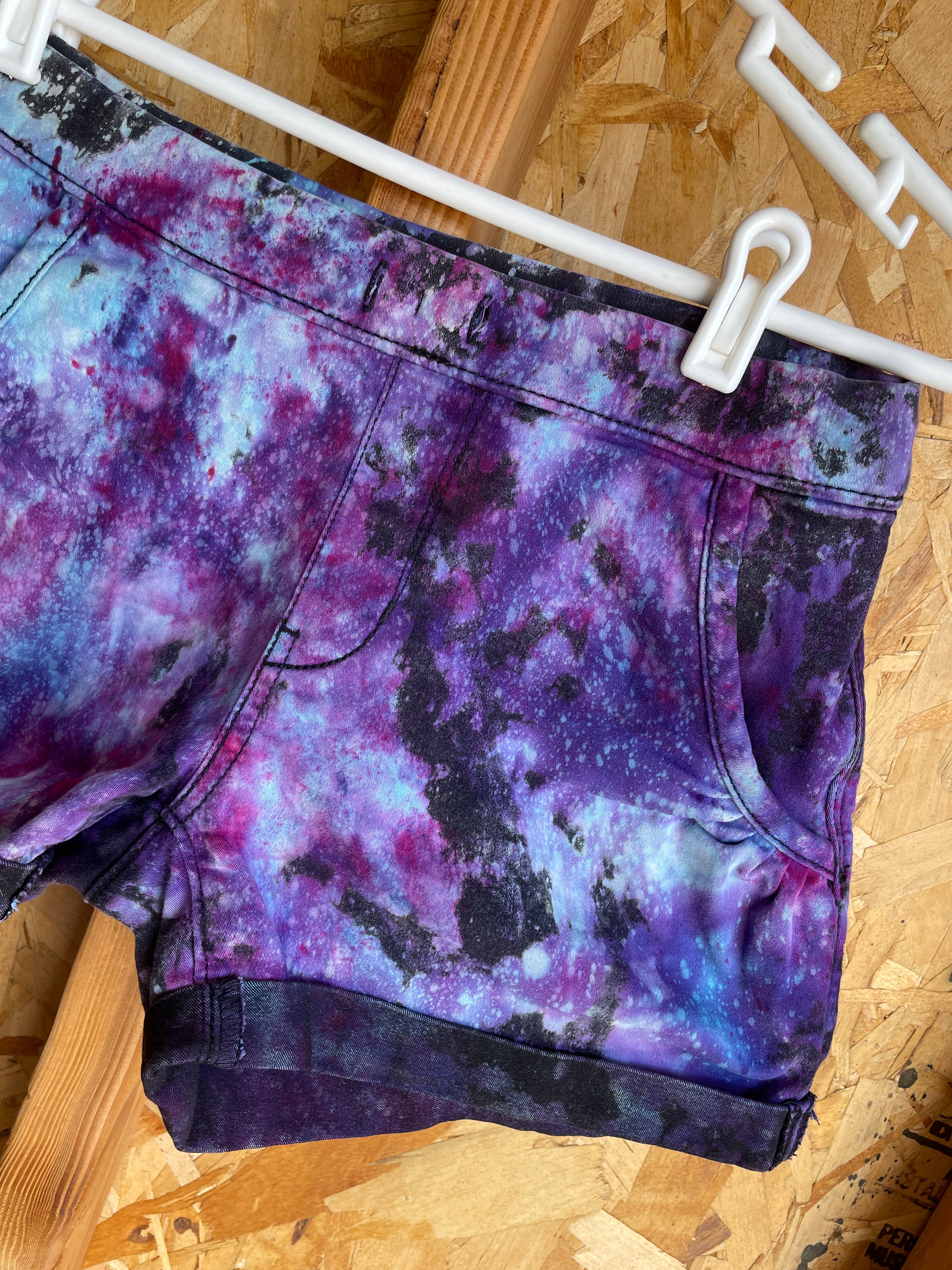 Size Small Women's Levi's Galaxy Dye Handmade Tie Dye Shorts | Black and Purple Galaxy Ice Dye Tie Dye Shorts