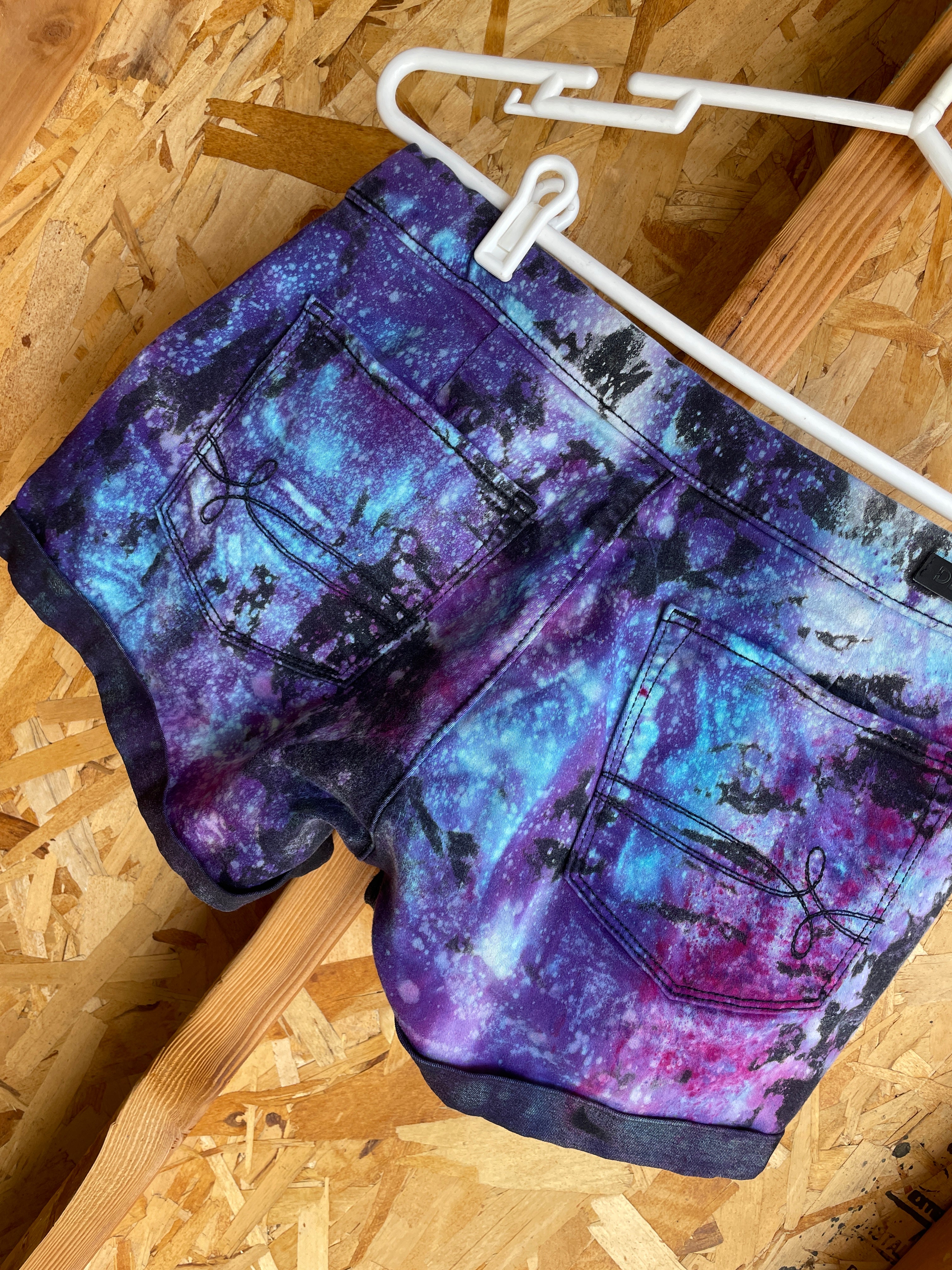 Size Small Women's Levi's Galaxy Dye Handmade Tie Dye Shorts | Black and Purple Galaxy Ice Dye Tie Dye Shorts