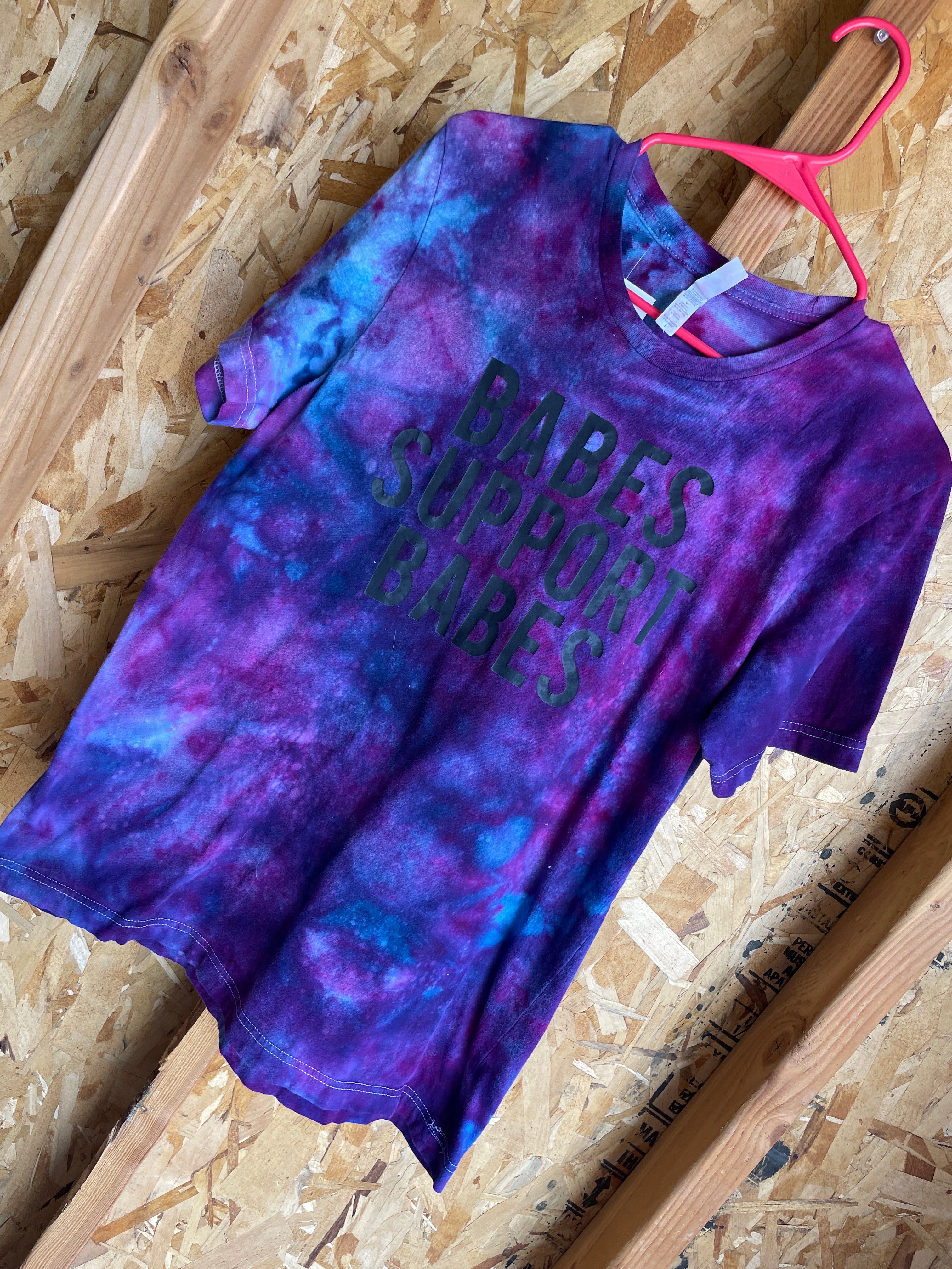 Large Men's Babes Supporting Babes Handmade Tie Dye T-Shirt | Blue and Purple Galaxy Ice Dye Tie Dye Short Sleeve