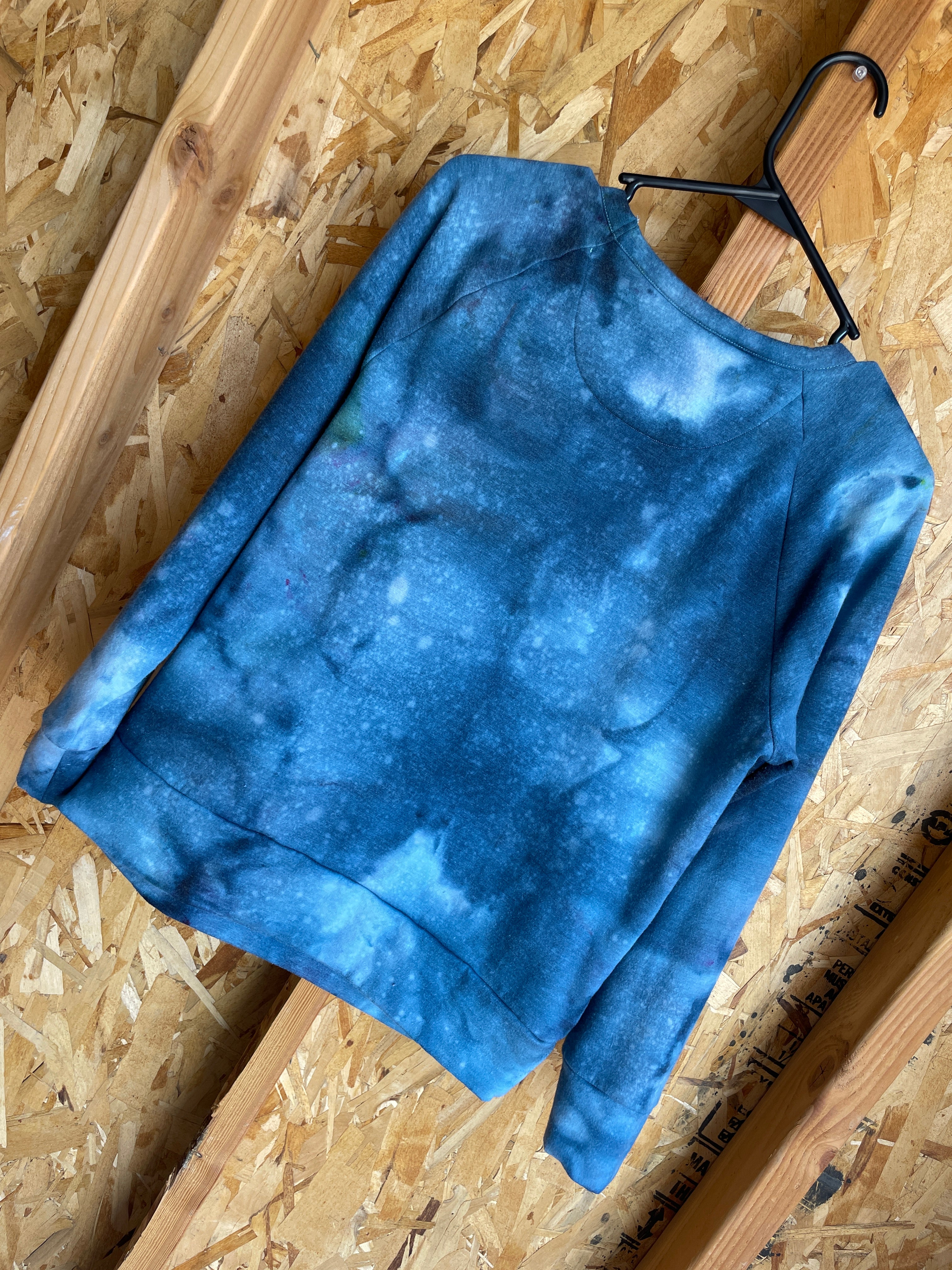 Small Women's Galaxy Ice Dye Handmade Tie Dye Hoodie | Teal and White Galaxy Dye Tie Dye Long Sleeve
