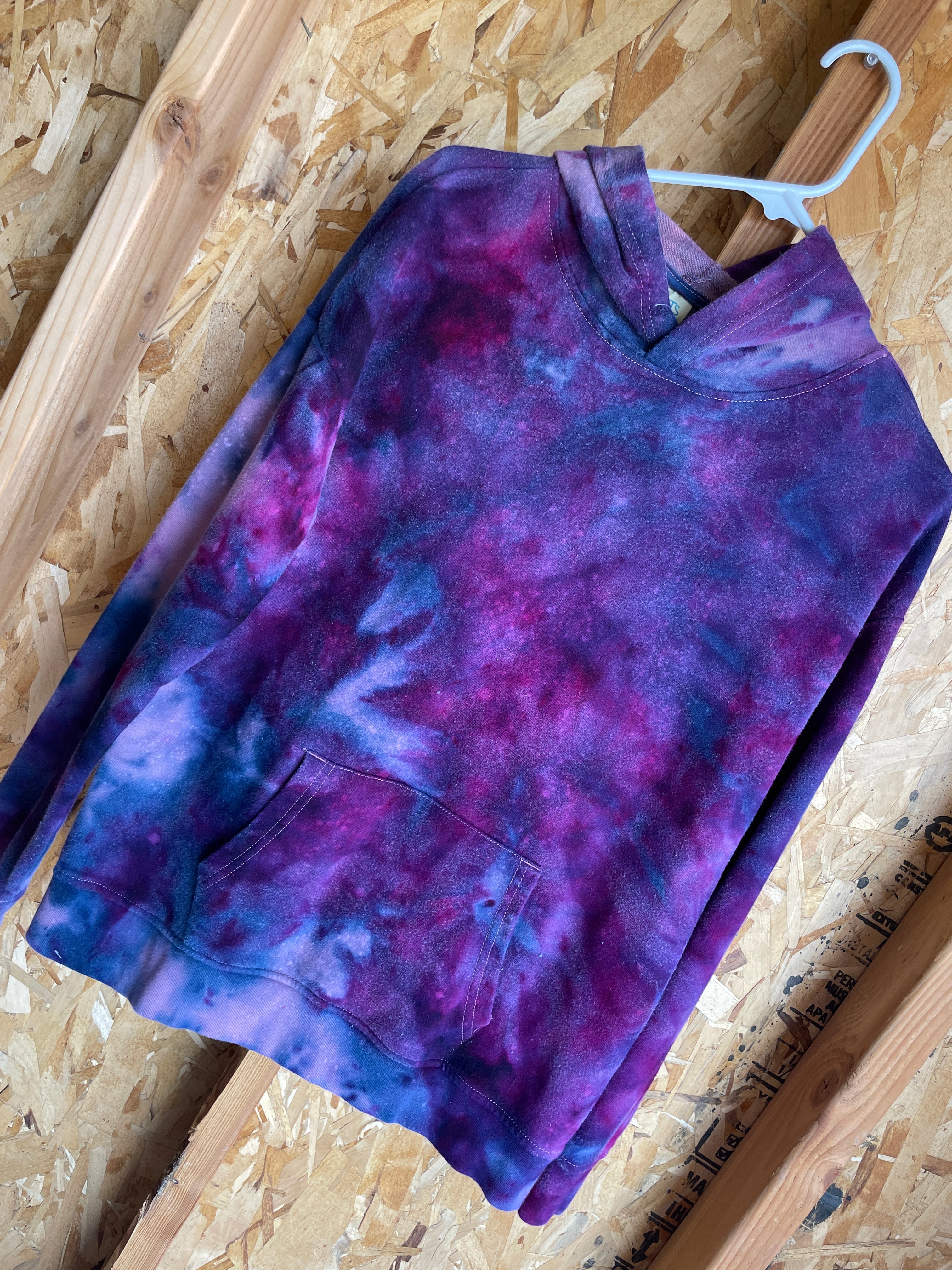 Large Men's Galaxy Ice Dye Handmade Tie Dye Hoodie | Pink and Purple Galaxy Dye Tie Dye Hooded Long Sleeve