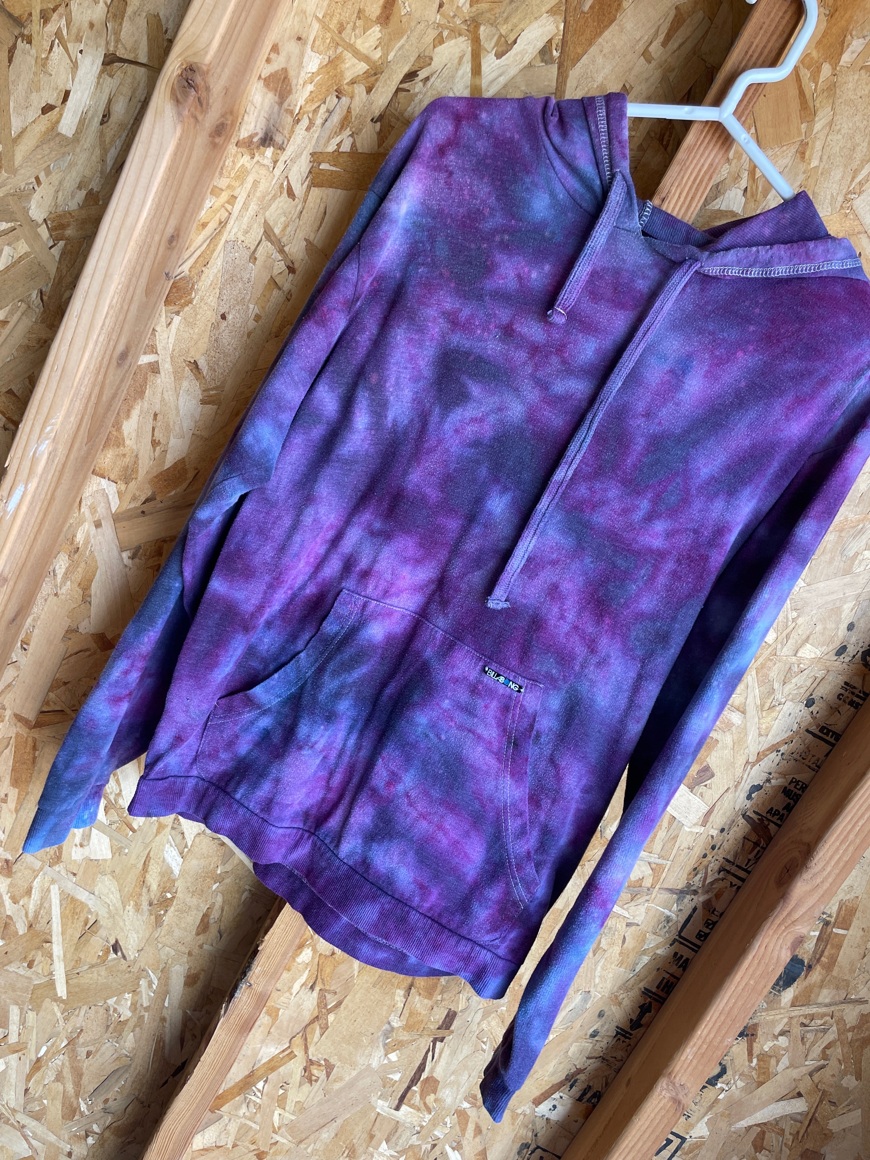 Large Men's Billabong Handmade Tie Dye Thin Hoodie | Pink and Purple Galaxy Dye Tie Dye Hooded Long Sleeve