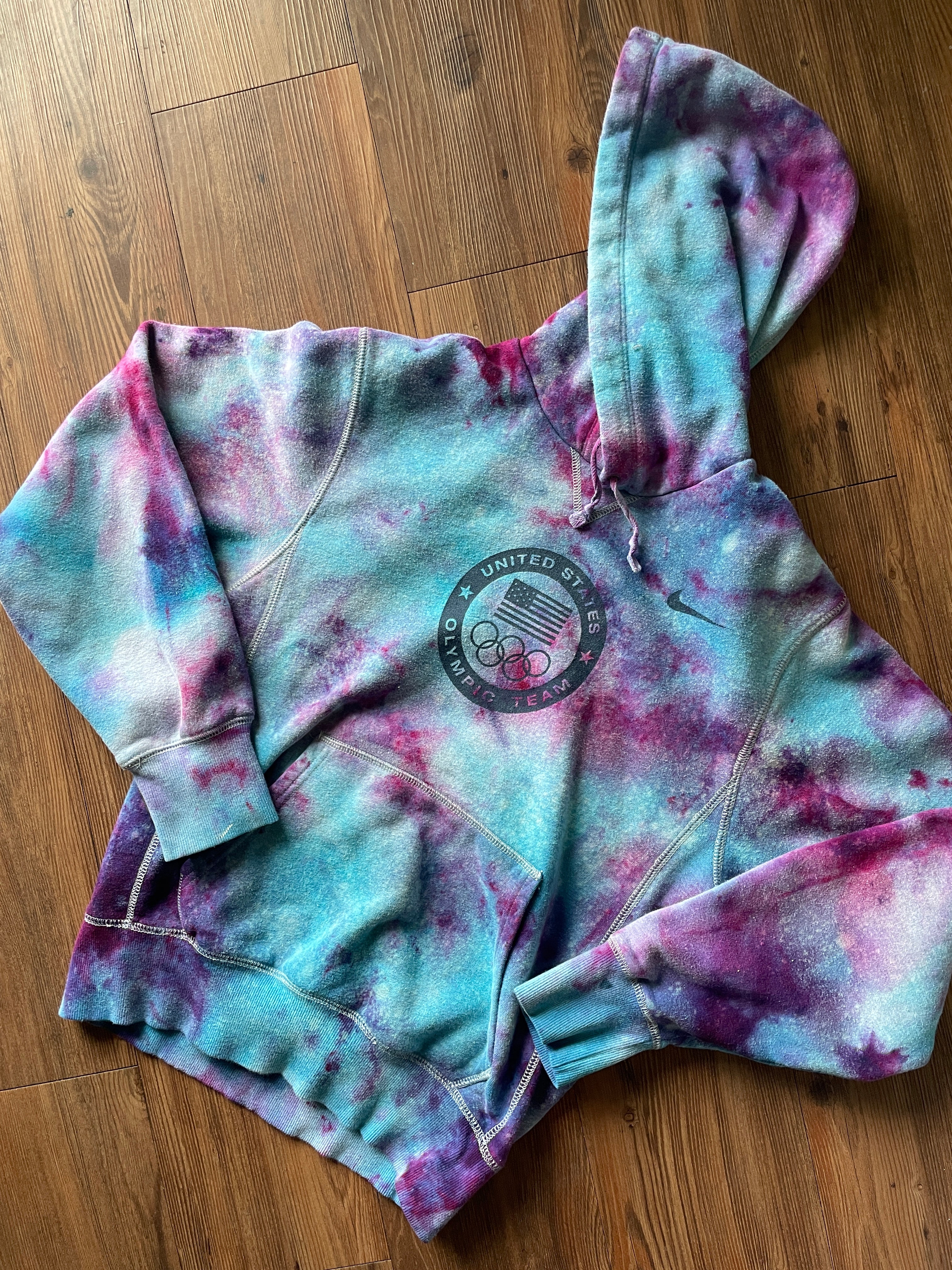 Small Men’s Nike Team USA Olympic Team Handmade Tie Dye Hoodie | Purple and Pink Galaxy Ice Dye Tie Dye Sweatshirt