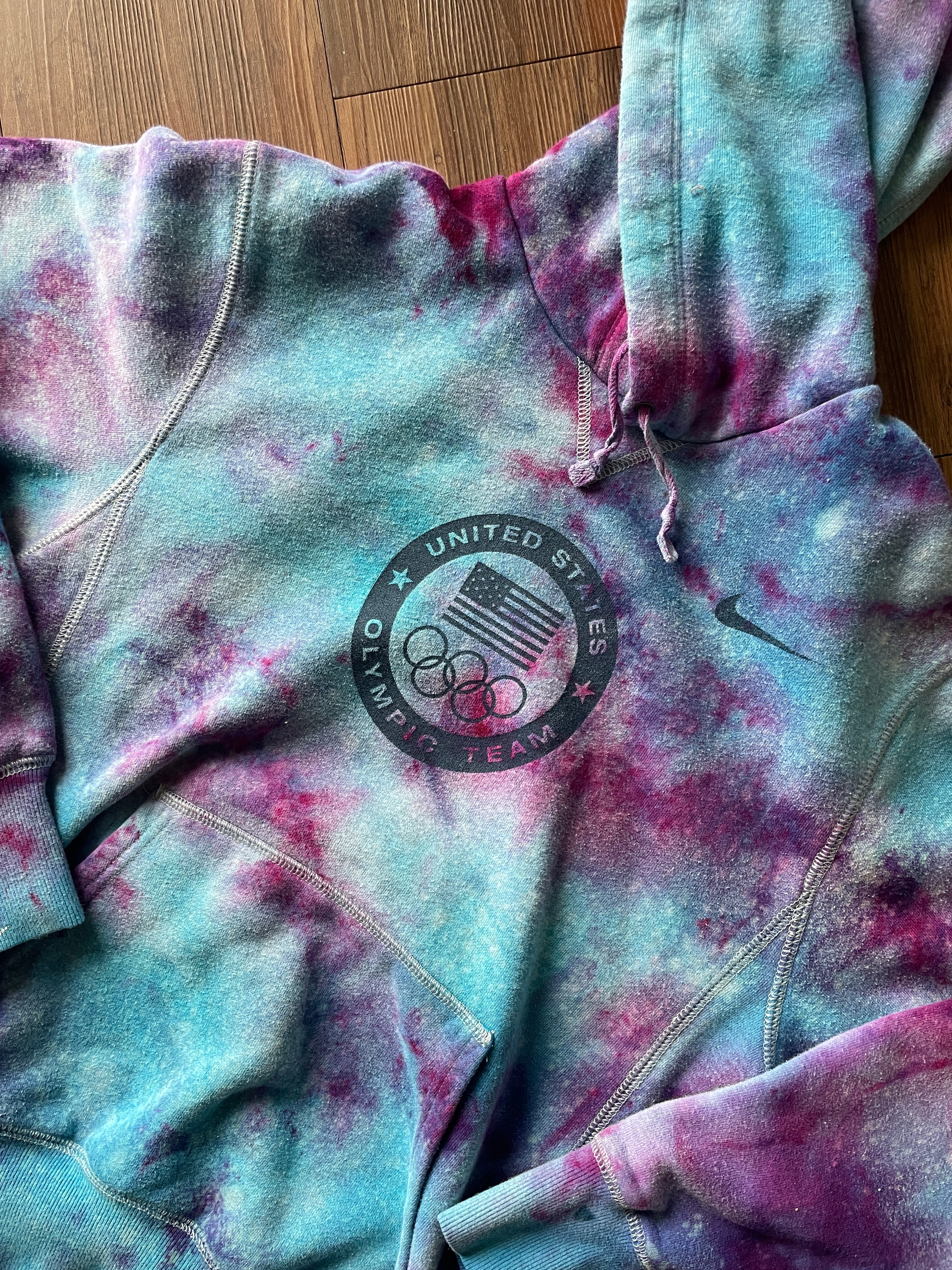Small Men’s Nike Team USA Olympic Team Handmade Tie Dye Hoodie | Purple and Pink Galaxy Ice Dye Tie Dye Sweatshirt