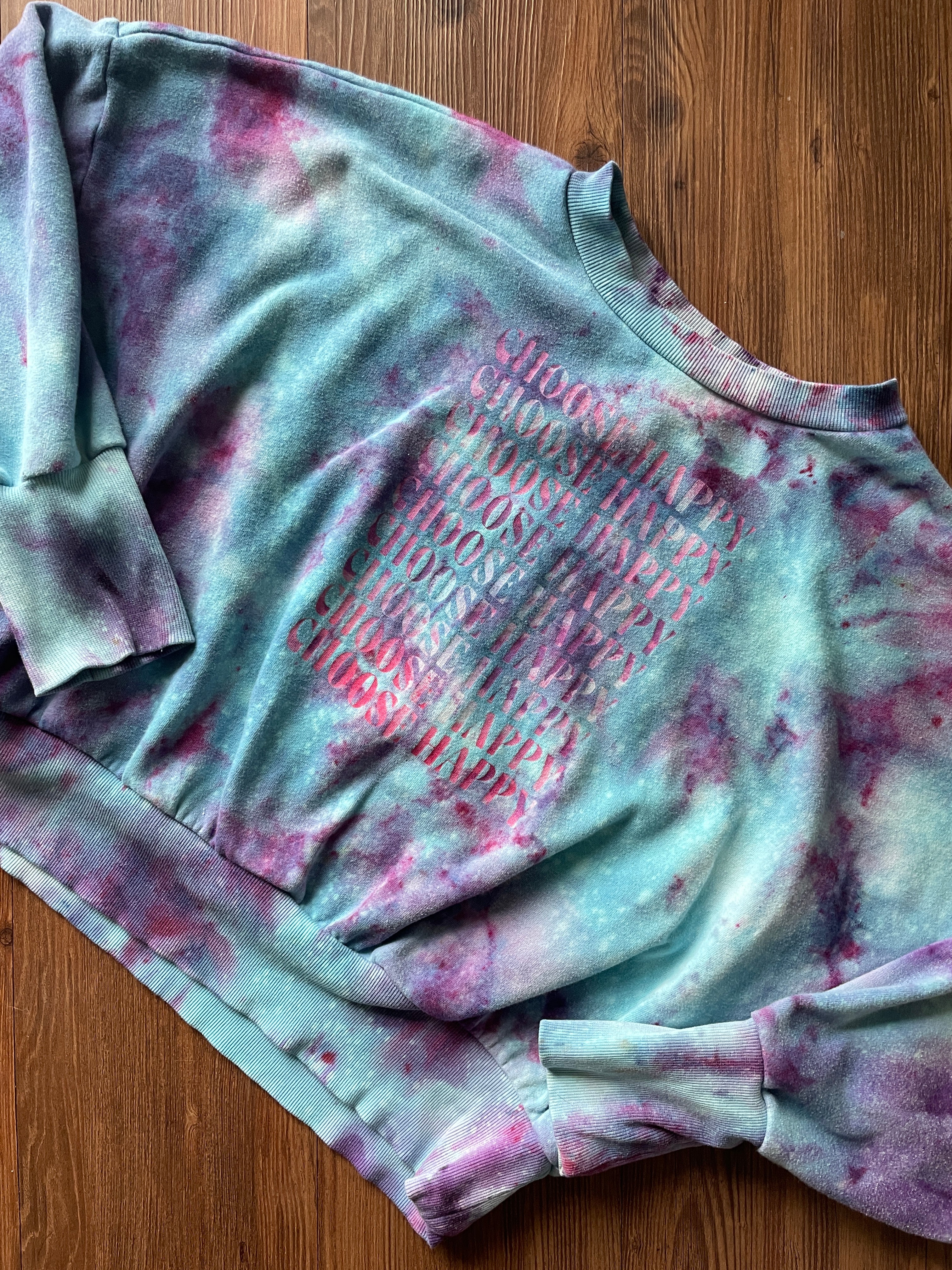 Large Women's Choose Happy Handmade Tie Dye Cropped Sweatshirt | Purple and Pink Galaxy Ice Dye Tie Dye Sweatshirt