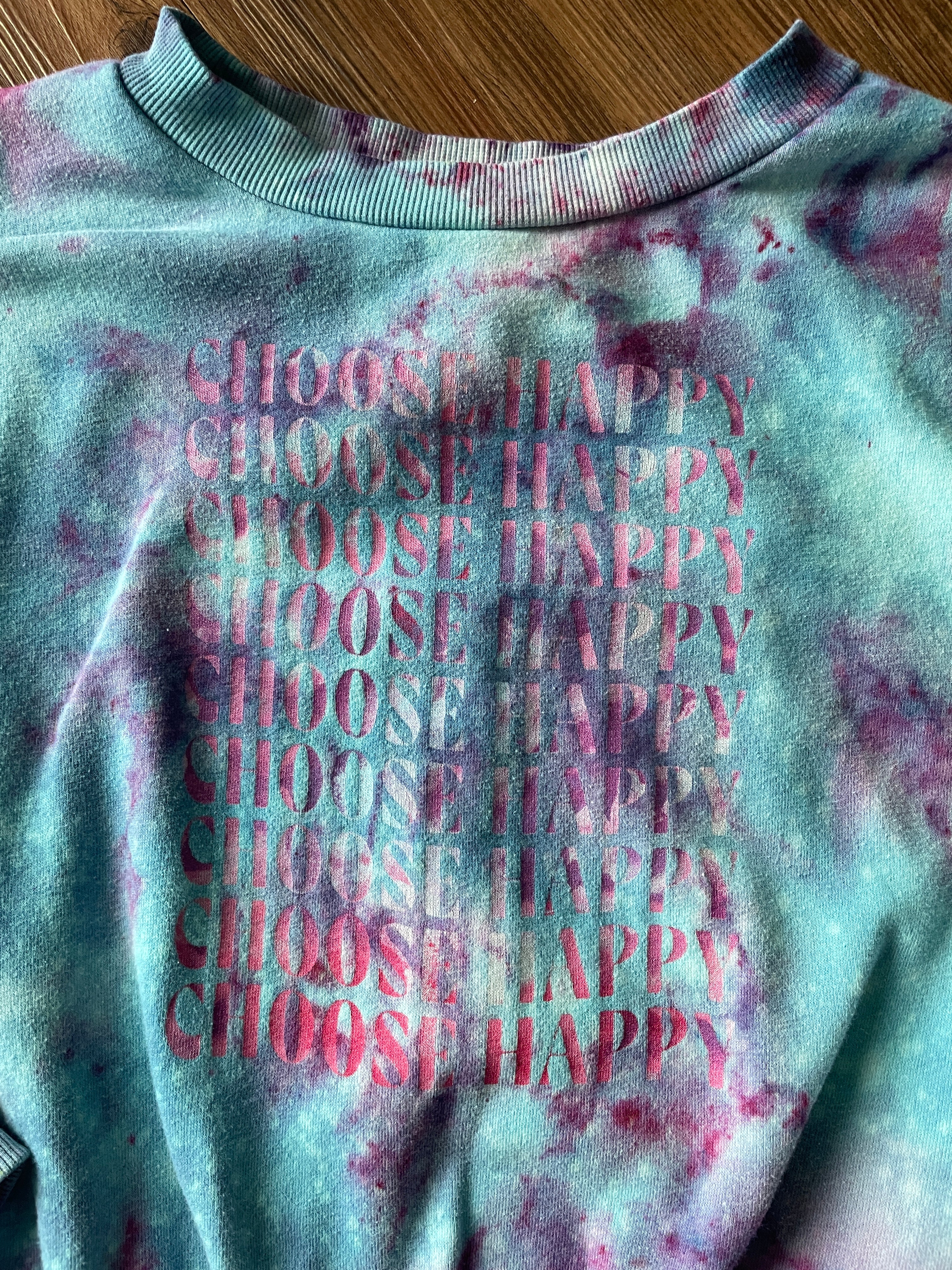 Large Women's Choose Happy Handmade Tie Dye Cropped Sweatshirt | Purple and Pink Galaxy Ice Dye Tie Dye Sweatshirt