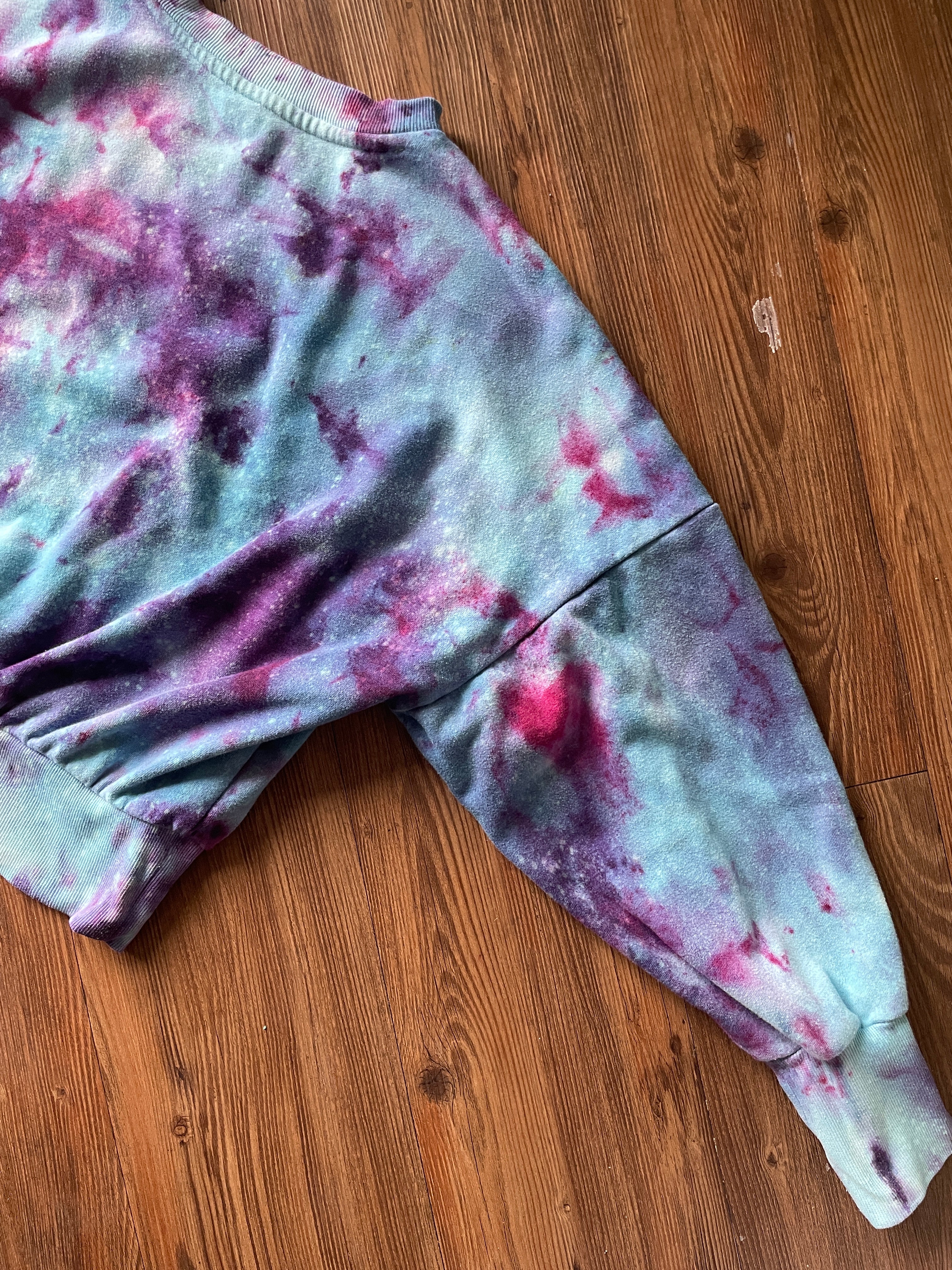 Large Women's Choose Happy Handmade Tie Dye Cropped Sweatshirt | Purple and Pink Galaxy Ice Dye Tie Dye Sweatshirt