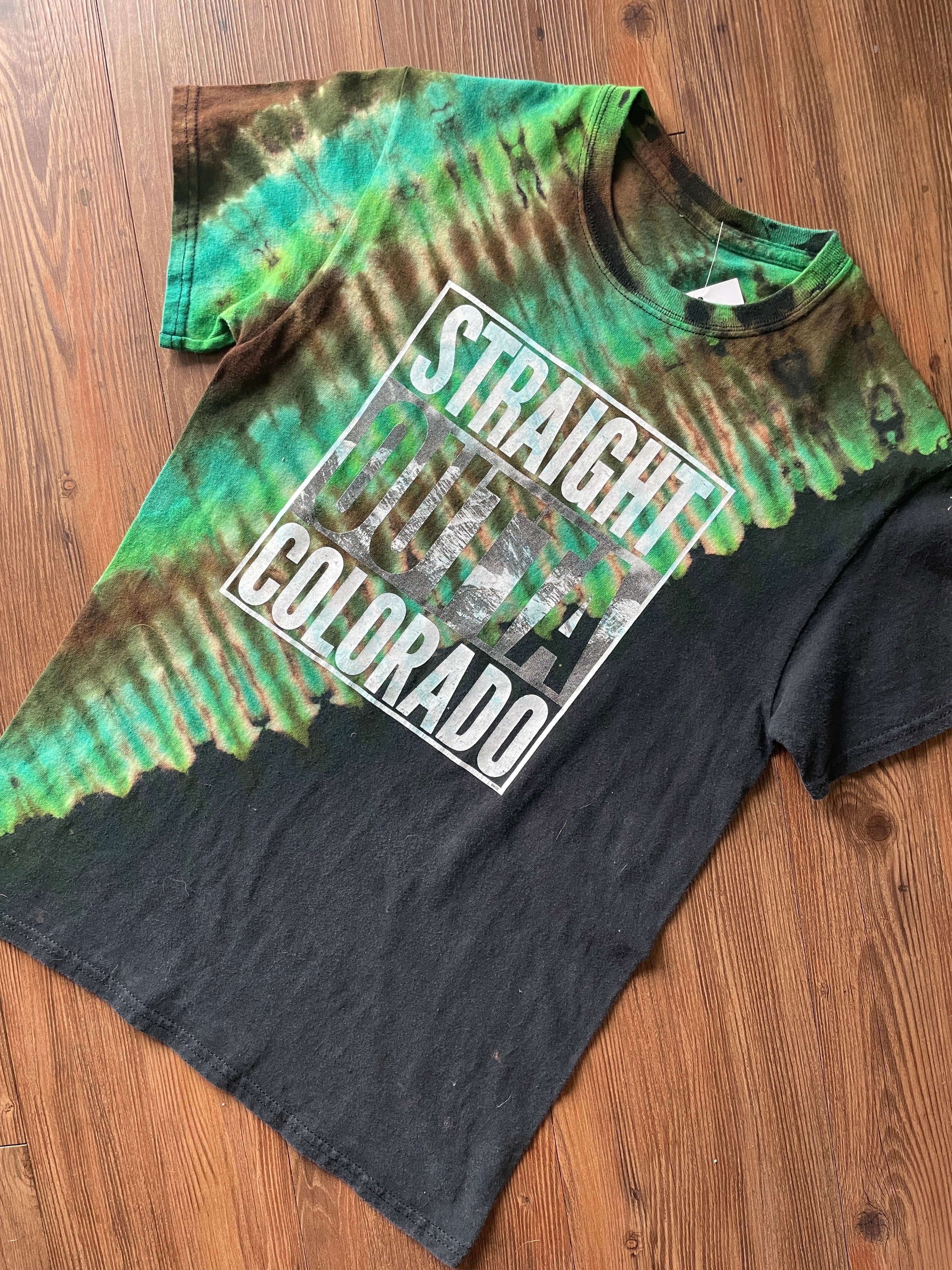 Small Men's Straight Outta Colorado Reverse Handmade Tie Dye T-Shirt | Black and Green Bleach Dye Tie Dye Short Sleeve
