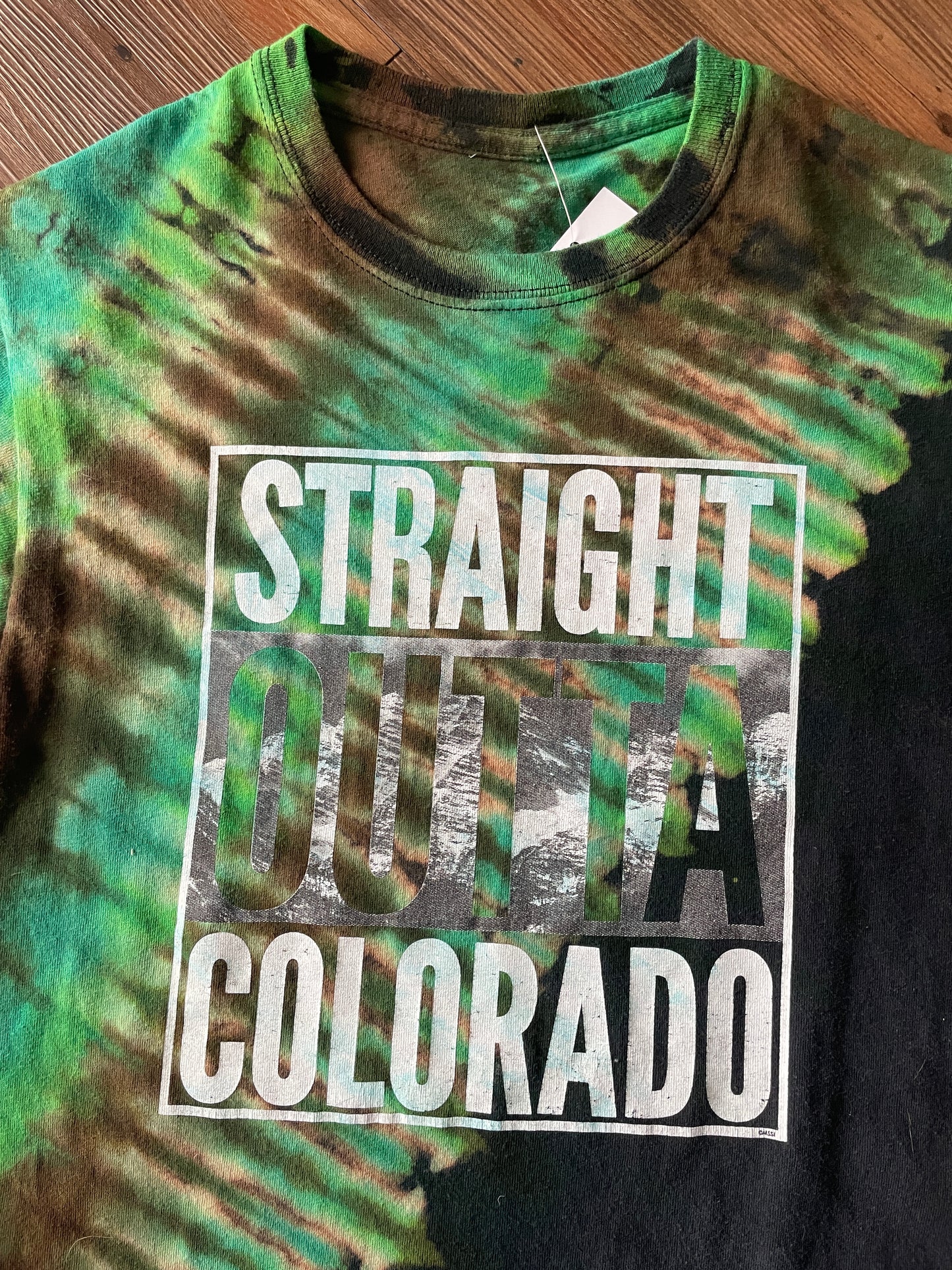 Small Men's Straight Outta Colorado Reverse Handmade Tie Dye T-Shirt | Black and Green Bleach Dye Tie Dye Short Sleeve