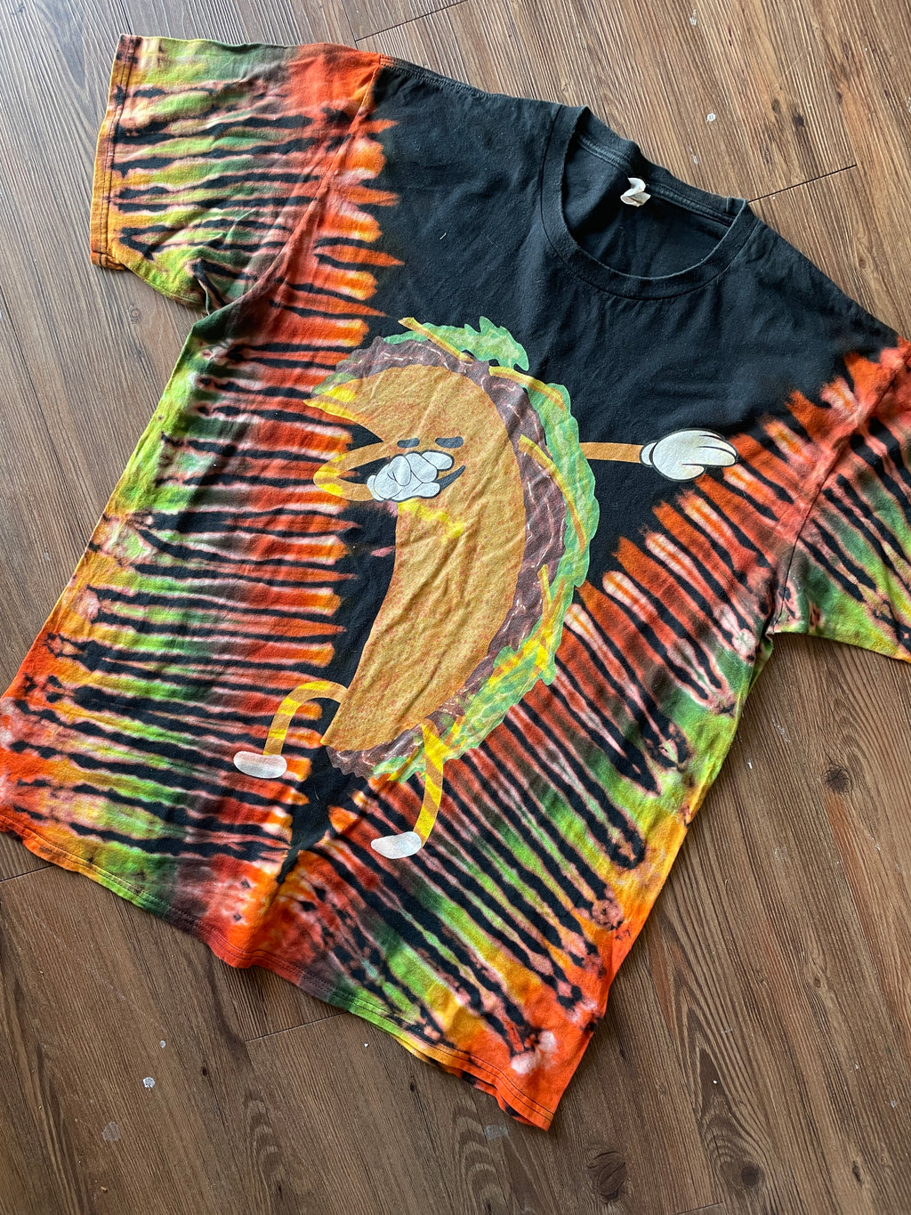 XL Men’s Taco Dabbing Tie Dye T-Shirt | Black, Green, and Orange Handmade Reverse Tie Dye Short Sleeve