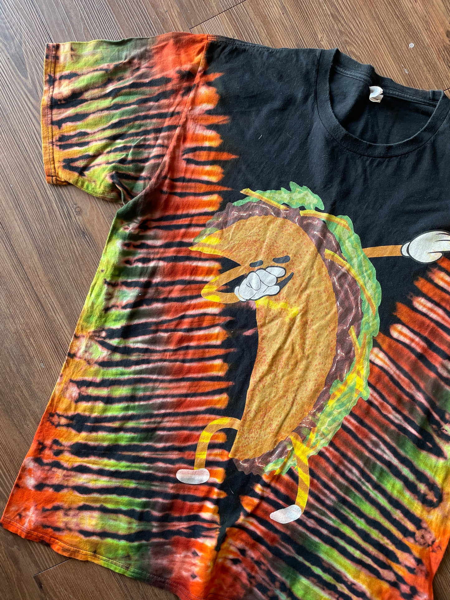 XL Men’s Taco Dabbing Tie Dye T-Shirt | Black, Green, and Orange Handmade Reverse Tie Dye Short Sleeve