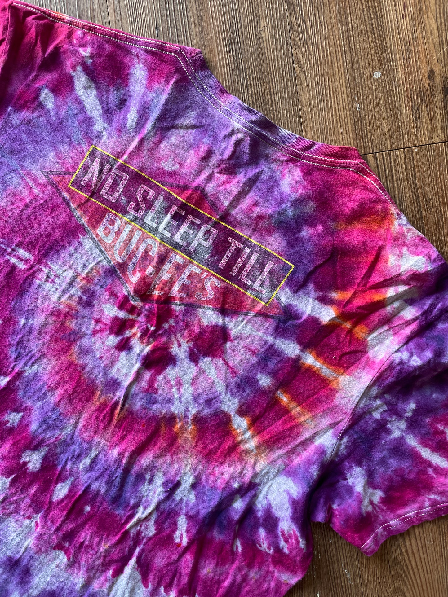 XL Women’s Buccee’s Tie Dye T-Shirt | Pink and Purple No Sleep Til Buccee’s Handmade Spiral Tie Dye Short Sleeve