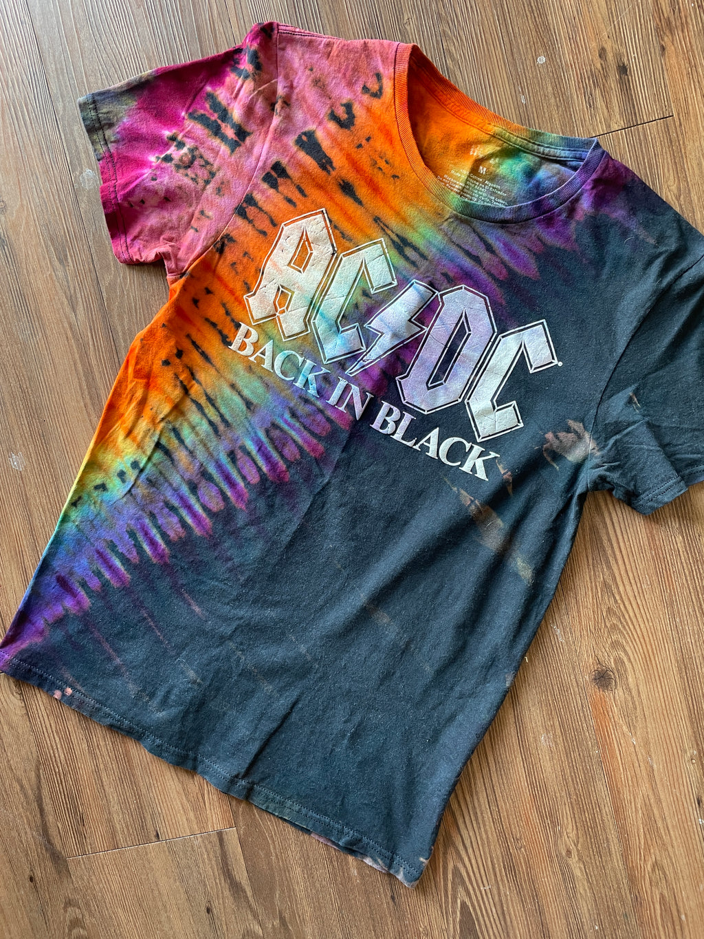 MEDIUM Men’s AC/DC Rainbow Tie Dye T-Shirt | 70s Rock Band Handmade Reverse Tie Dye Short Sleeve