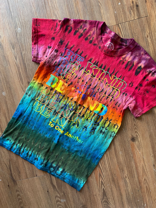 SMALL Men’s Be Kind To One Another Rainbow T-Shirt | Black and Rainbow Handmade Reverse Tie Dye Short Sleeve