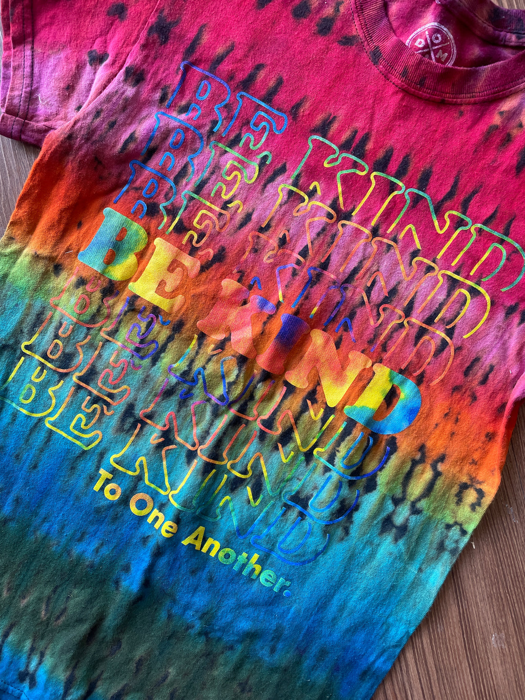 SMALL Men’s Be Kind To One Another Rainbow T-Shirt | Black and Rainbow Handmade Reverse Tie Dye Short Sleeve