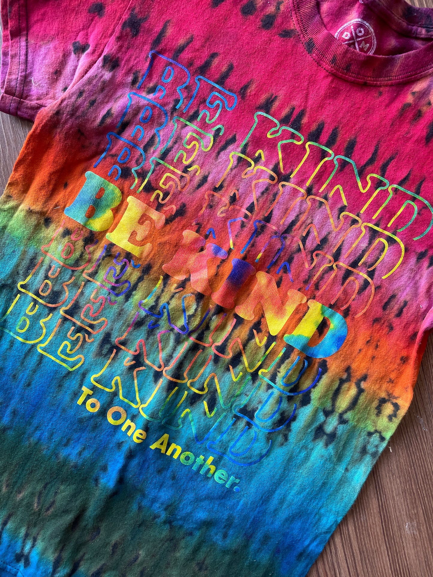 SMALL Men’s Be Kind To One Another Rainbow T-Shirt | Black and Rainbow Handmade Reverse Tie Dye Short Sleeve