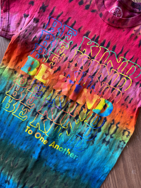 SMALL Men’s Be Kind To One Another Rainbow T-Shirt | Black and Rainbow Handmade Reverse Tie Dye Short Sleeve