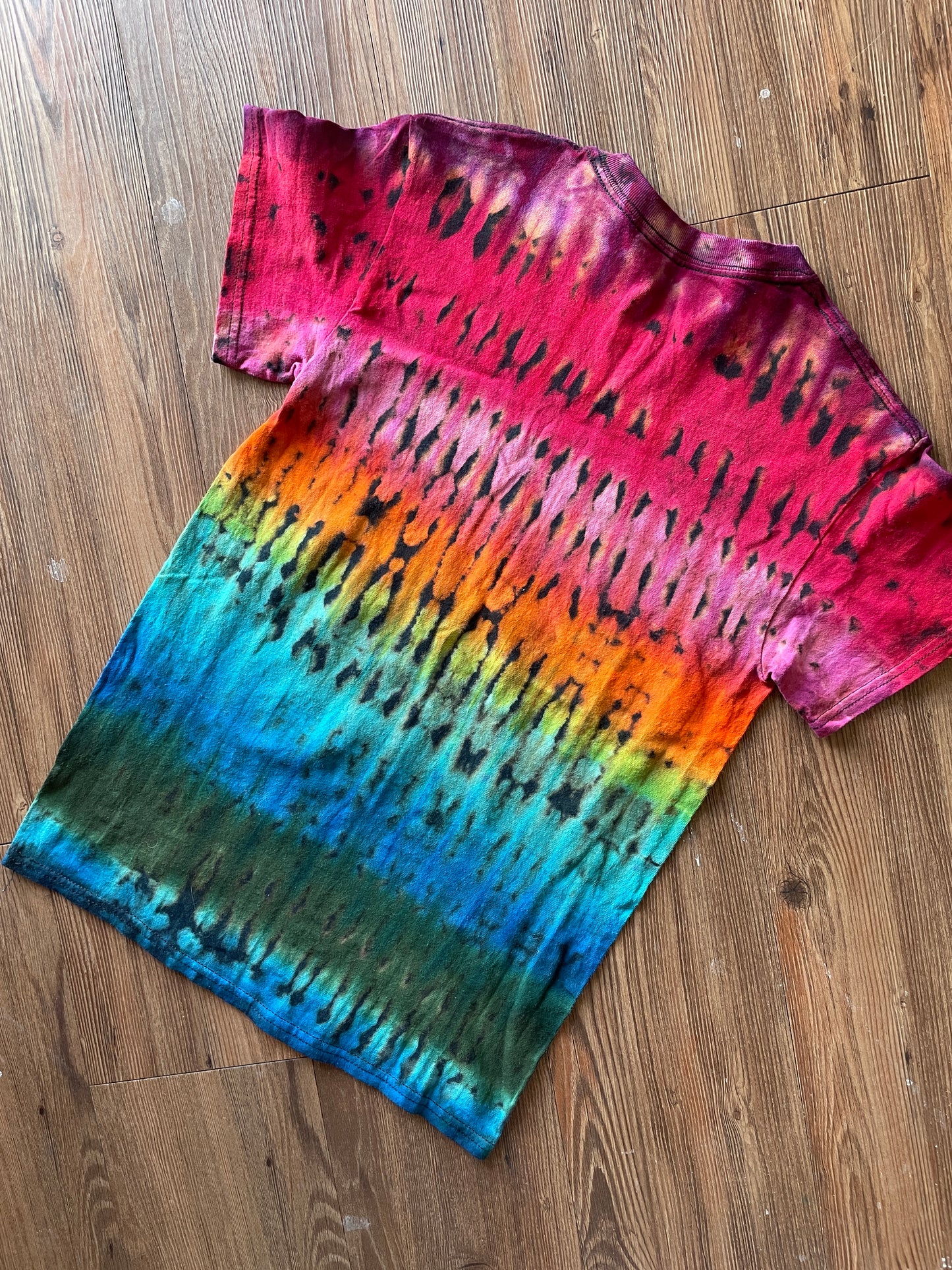 SMALL Men’s Be Kind To One Another Rainbow T-Shirt | Black and Rainbow Handmade Reverse Tie Dye Short Sleeve
