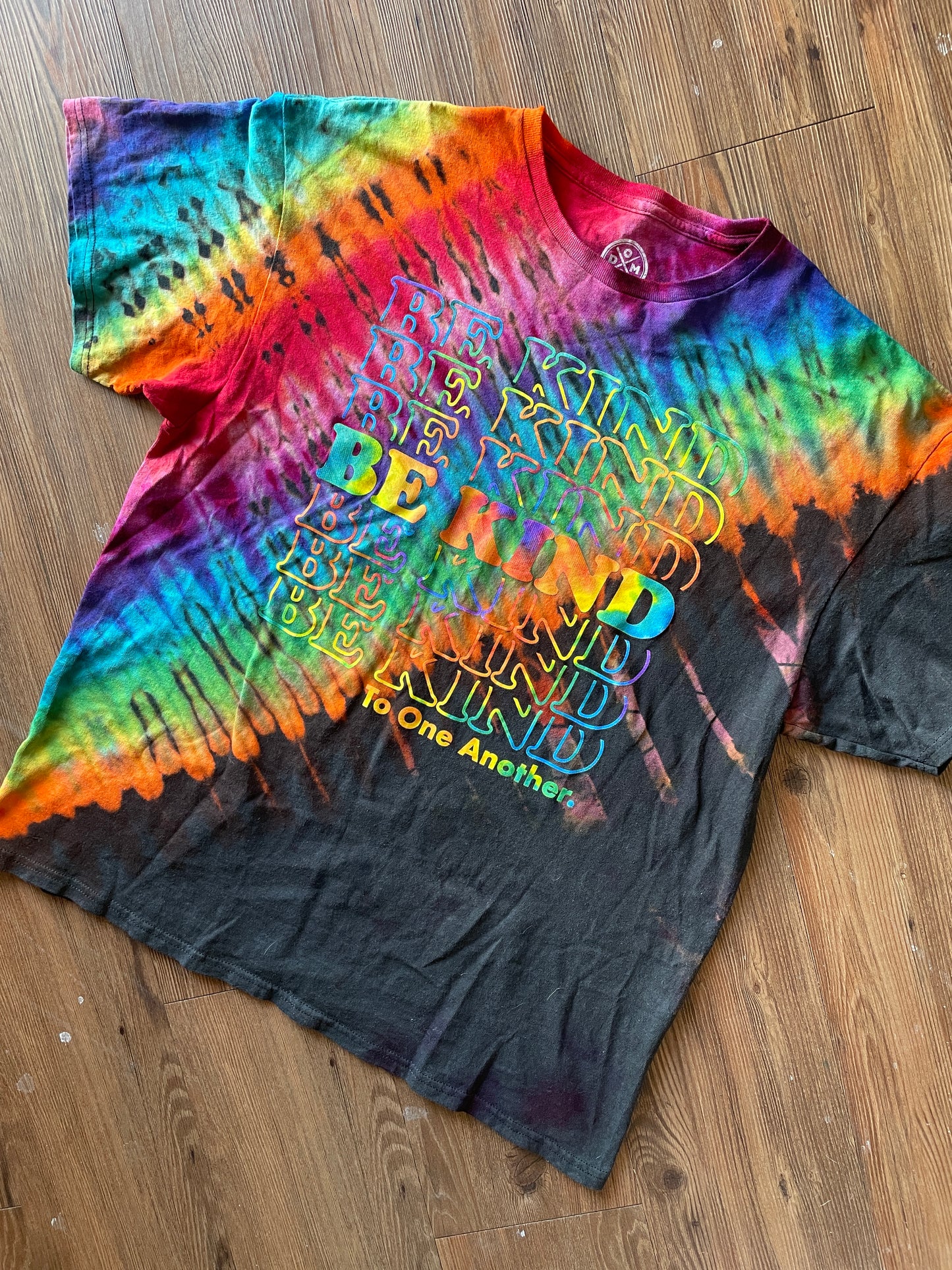 XL Men’s Be Kind To One Another Rainbow T-Shirt | Black and Rainbow Handmade Reverse Tie Dye Short Sleeve