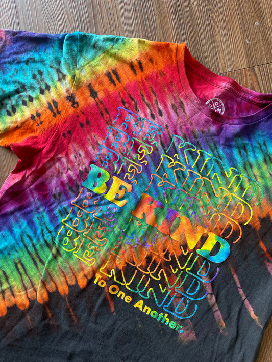 XL Men’s Be Kind To One Another Rainbow T-Shirt | Black and Rainbow Handmade Reverse Tie Dye Short Sleeve