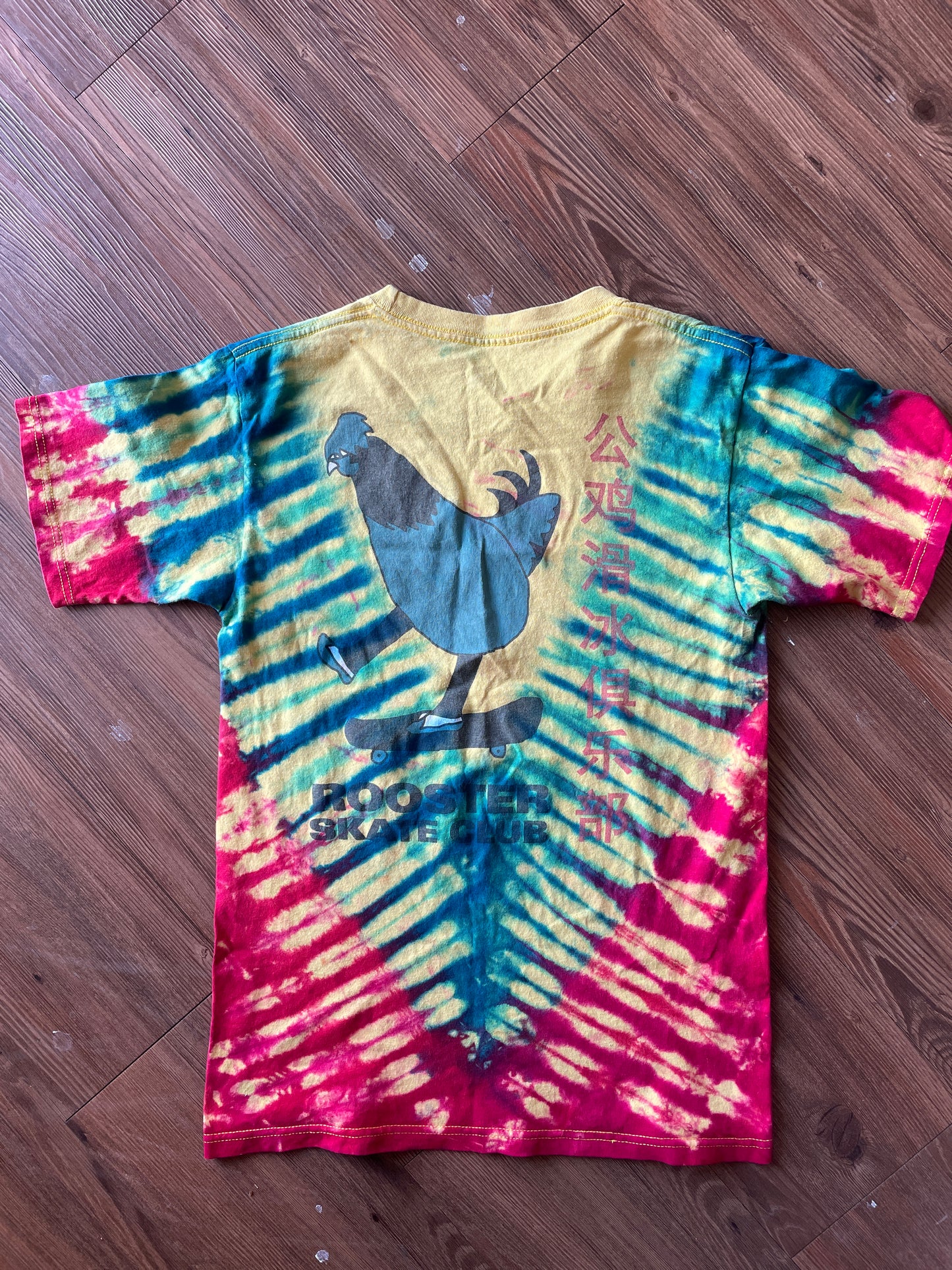 SMALL Men’s Rooster Skate Club Tie Dye T-Shirt | Yellow, Red, and Blue Skateboarding Tie Dye Short Sleeve