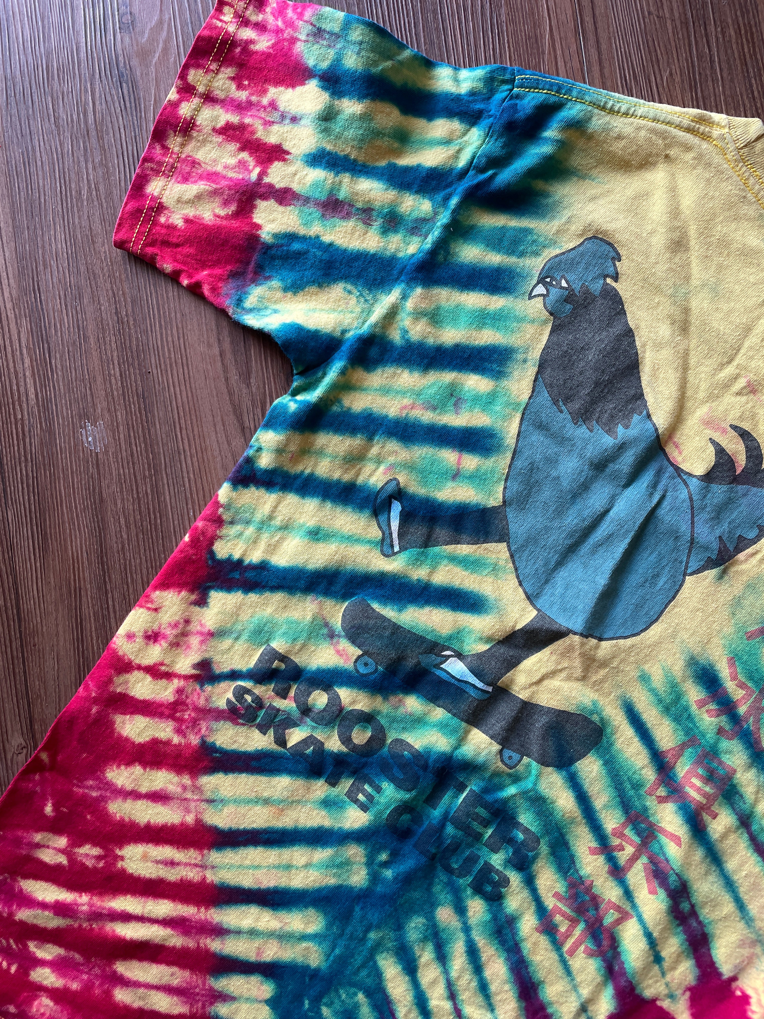 SMALL Men’s Rooster Skate Club Tie Dye T-Shirt | Yellow, Red, and Blue Skateboarding Tie Dye Short Sleeve
